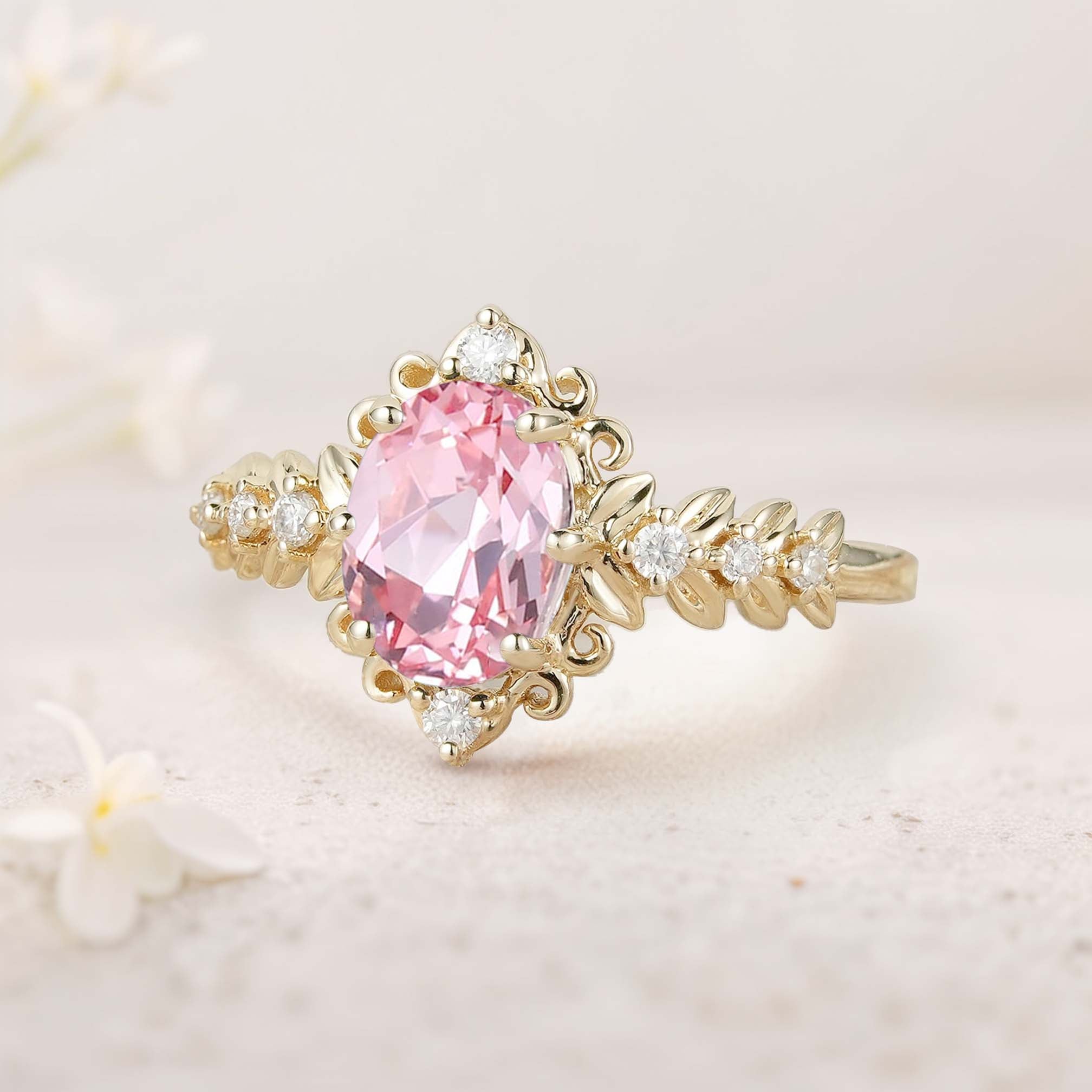 Unique Elegant Royal Oval Lab Padparadscha Filigree Leaf 18K Yellow Gold Engagement Ring