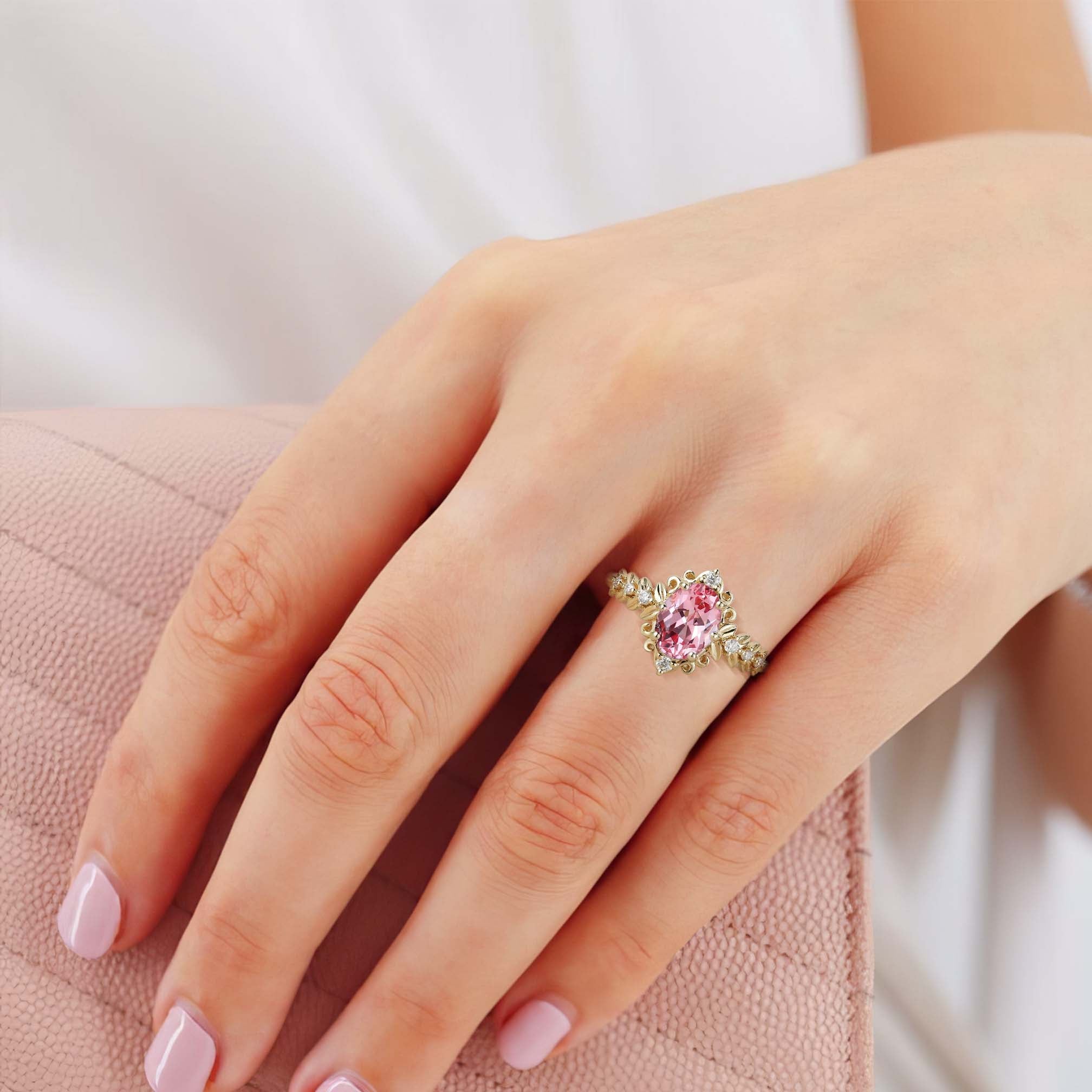 Unique Elegant Royal Oval Lab Padparadscha Filigree Leaf 18K Yellow Gold Engagement Ring