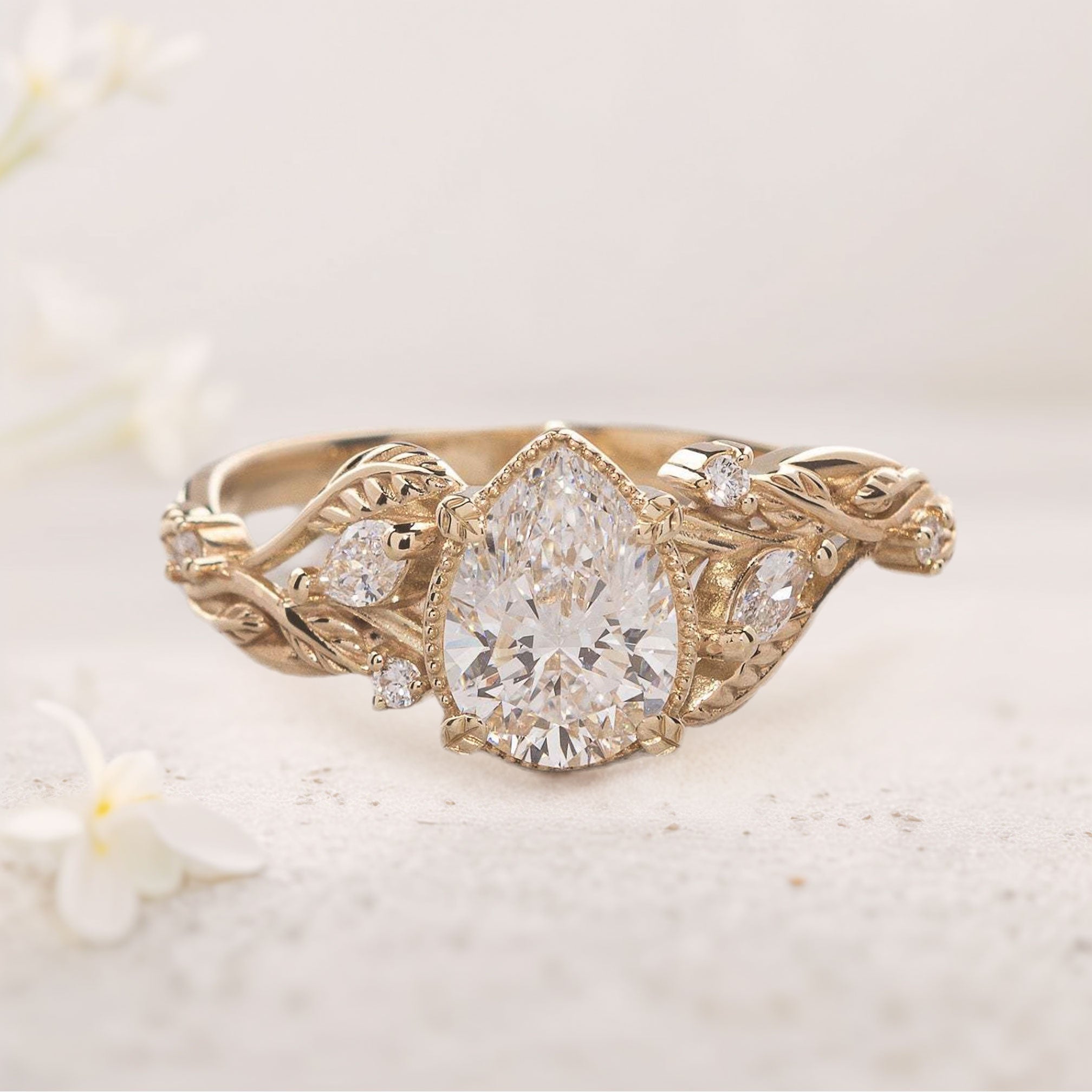 Unique Pear Moissanite With leaves 18K Yellow Gold Engagement Ring Wedding Ring