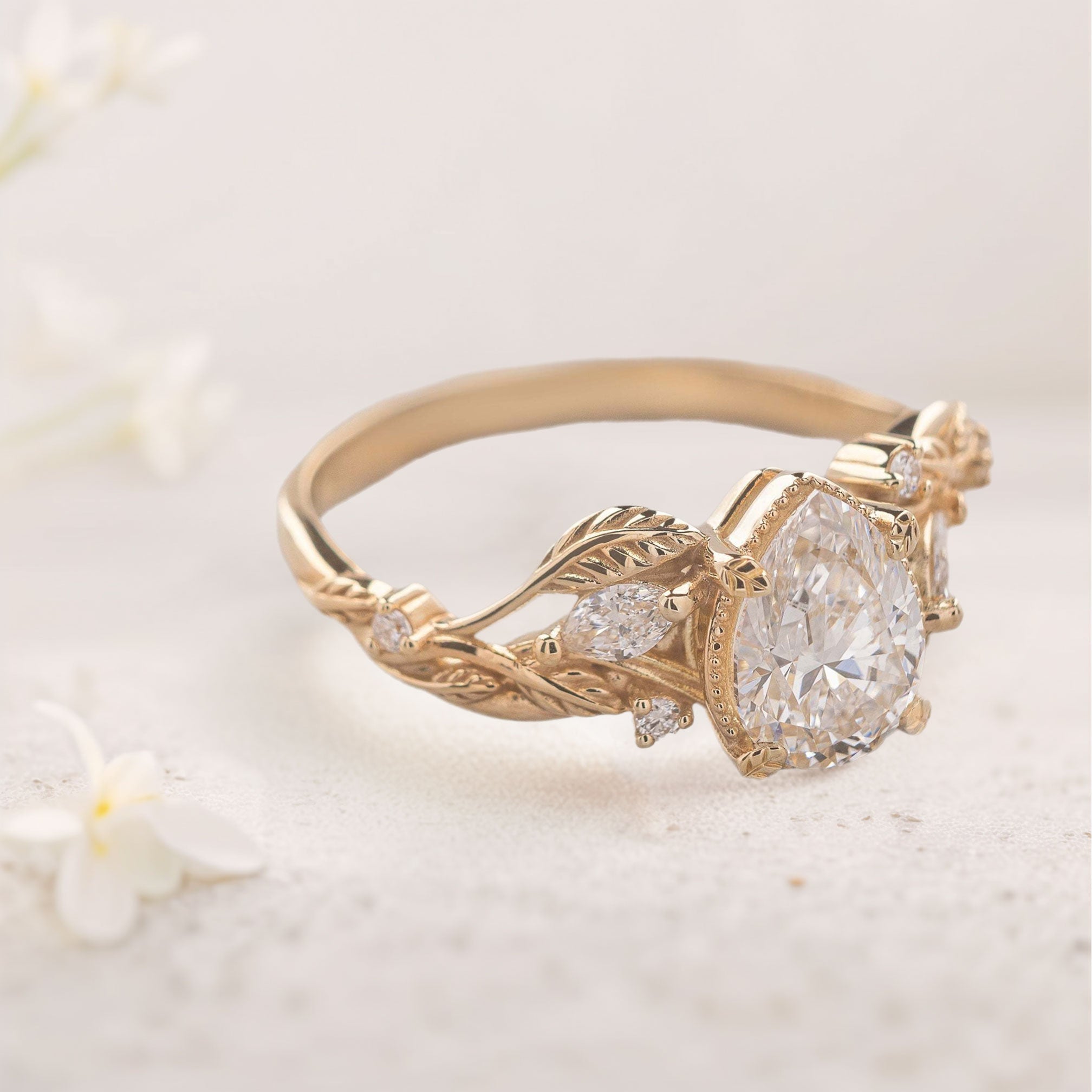 Unique Pear Moissanite With leaves18K Yellow Gold Engagement Ring Wedding Ring