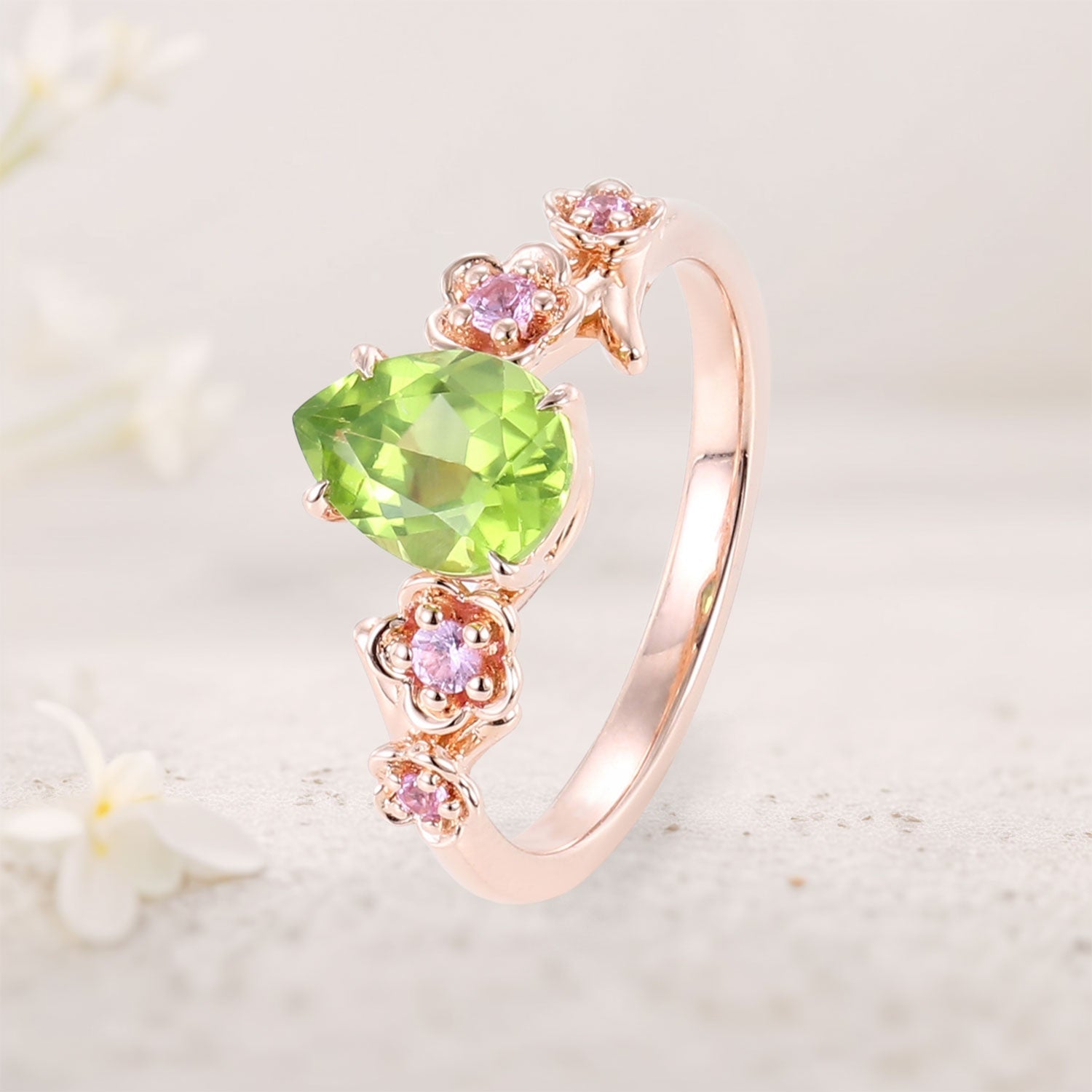 Unique floral engagement rings Pear Peridot Flower Engagement Ring Peridot Halo Leaf 18K Rose Gold Ring