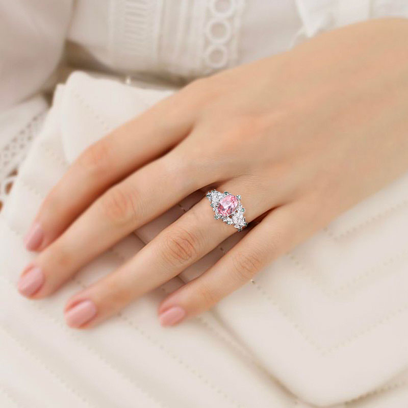 Unique Starlight Oval Pink Lab Padparadscha 18K White Gold Engagement Ring
