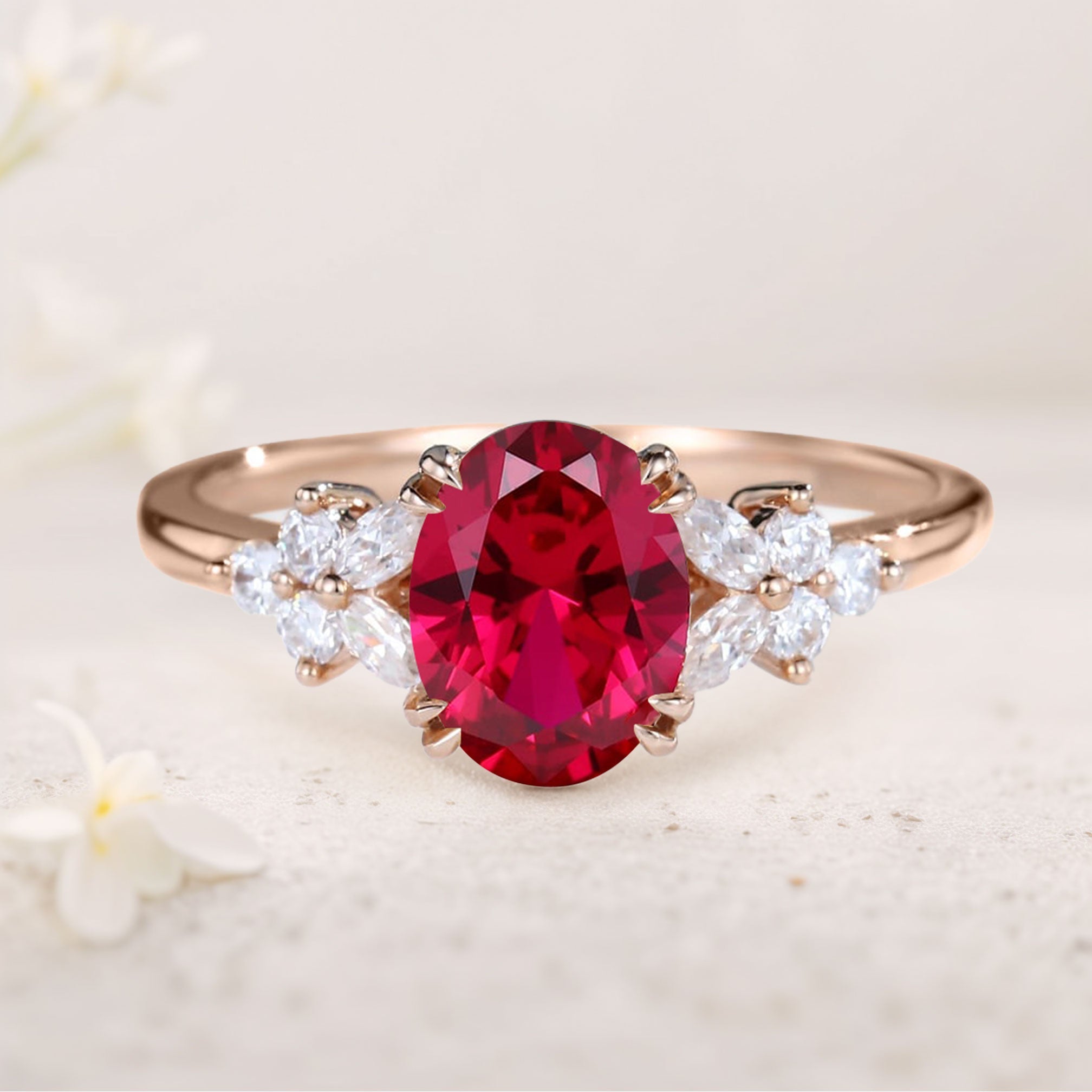 Unique Oval Lab Ruby Blossom 18K Rose Gold Engagement Ring