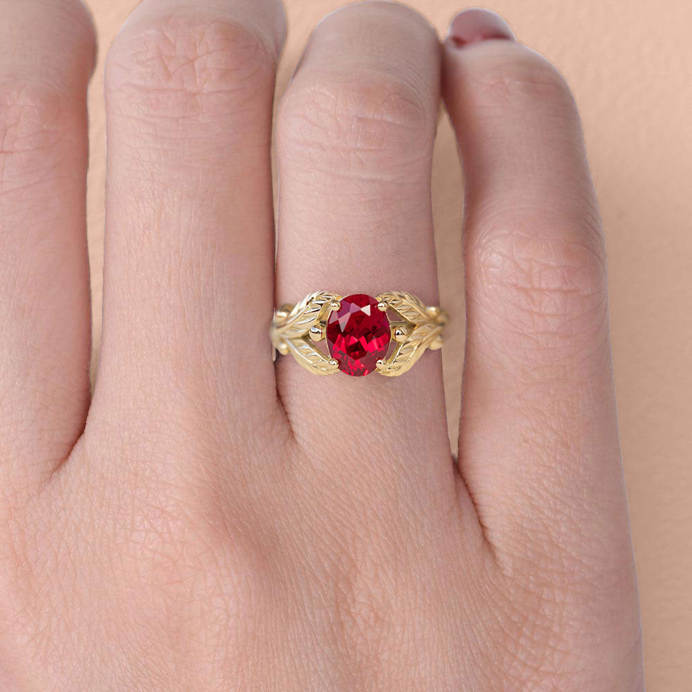 Unique floral engagement rings Oval Lab Ruby with Leaves 18K Yellow Gold Engagement Ring