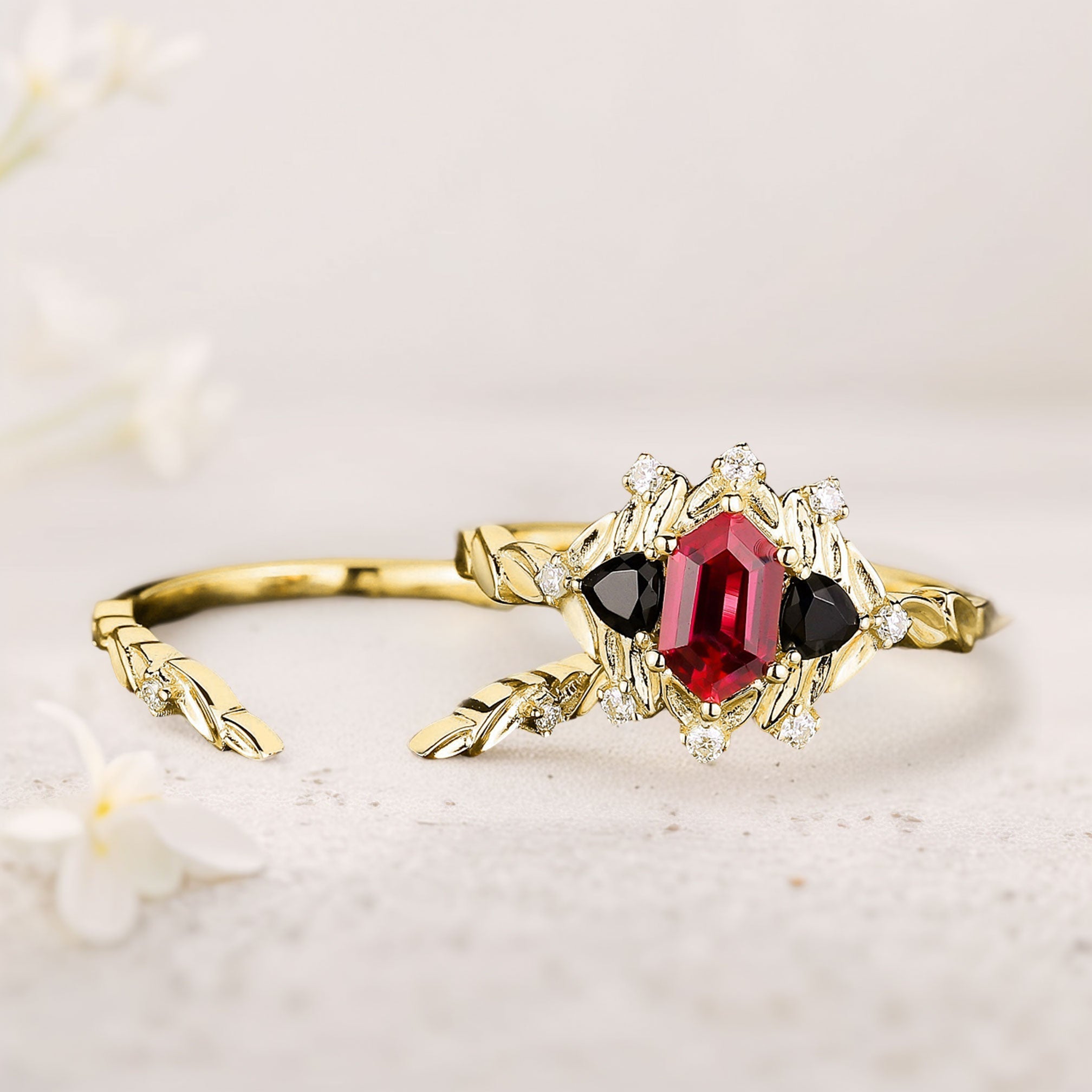 Unique floral engagement rings Long Hexagon Lab Ruby Leaf 18K Yellow Gold Engagement Ring Wedding Ring Set