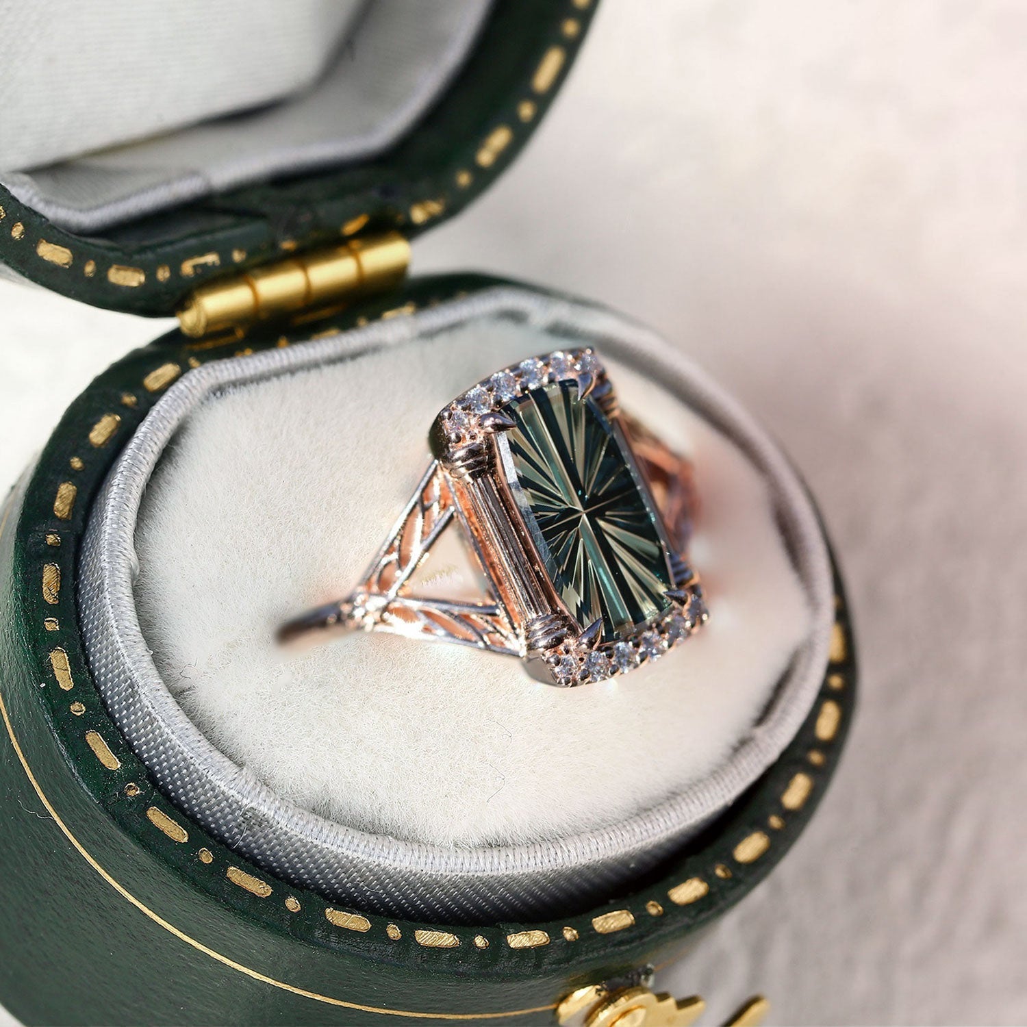 Vintage Elvindell Starlight Emerald Cut Green Lab Sapphire 10k rose gold Ring
