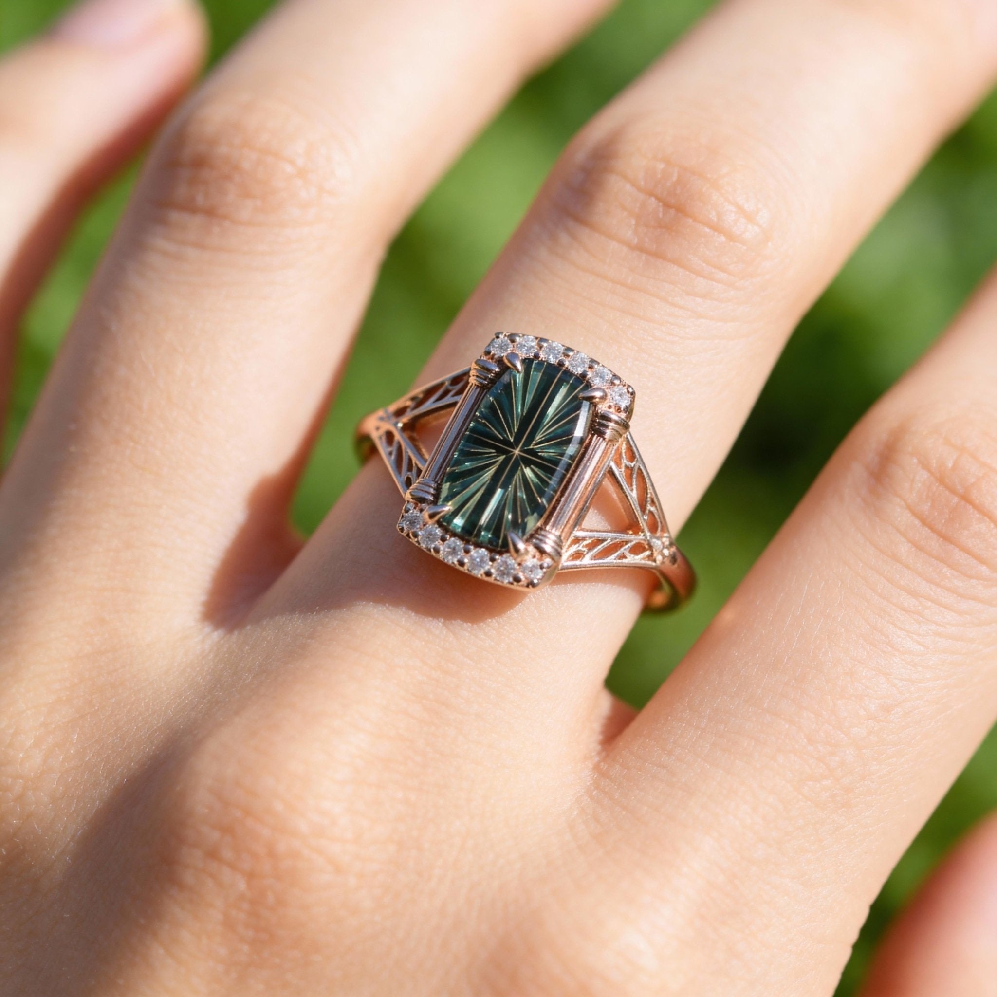 Vintage Elvindell Starlight Emerald Cut Green Lab Sapphire 10k rose gold Ring
