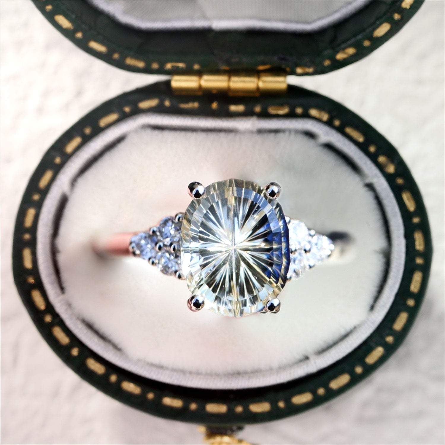 Vintage Unique Starlight Oval White Lab Sapphire 10k rose gold Ring