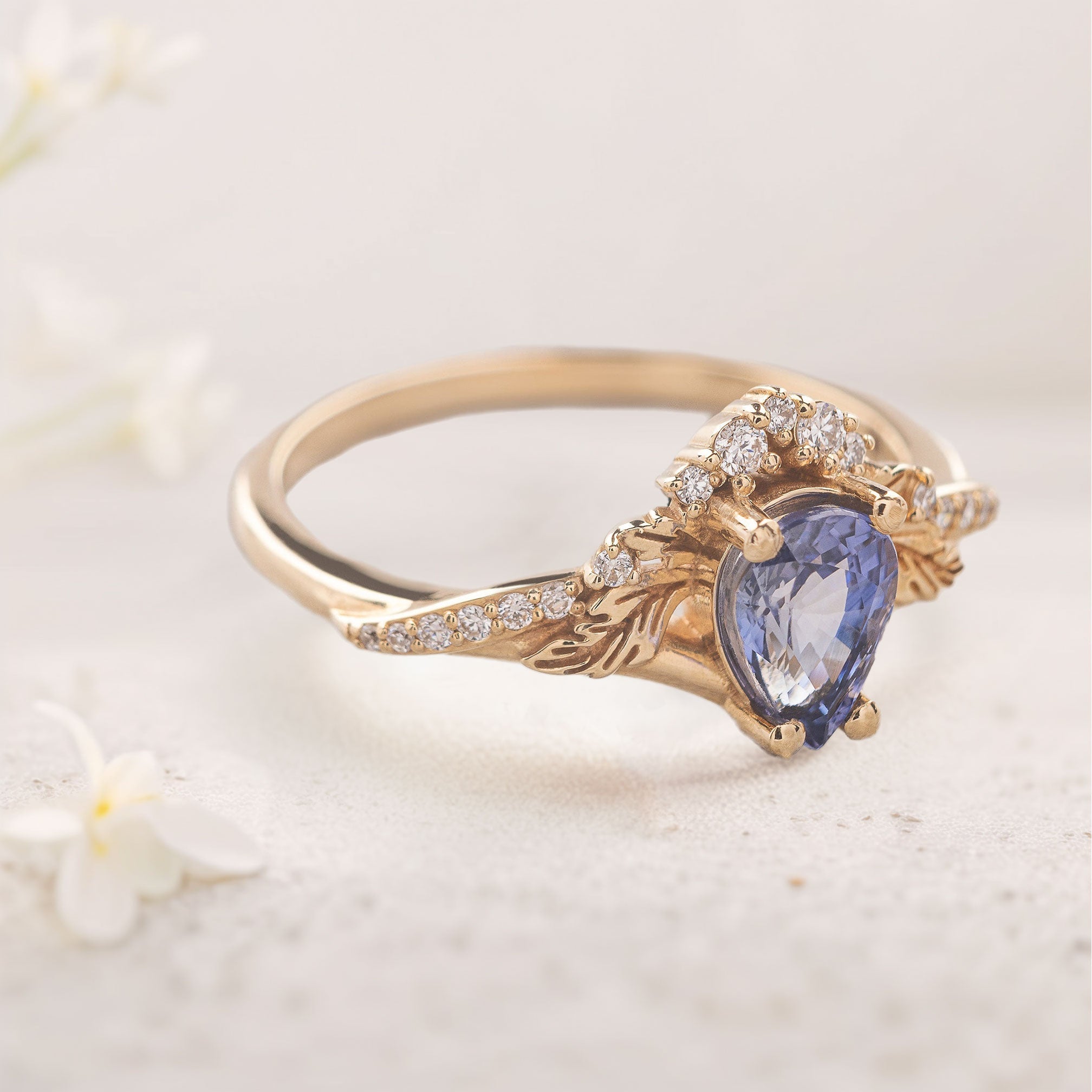 Vintage Blue Lab Sapphire and Moissanite 18K Yellow Gold Engagement Ring