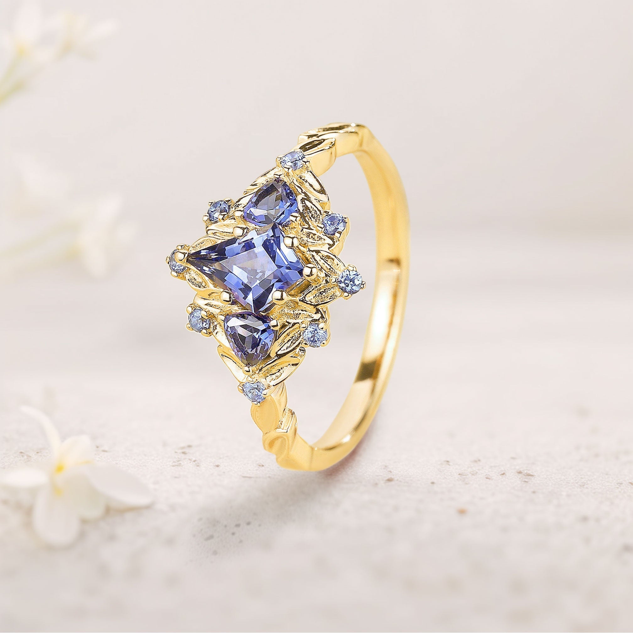 Unique floral engagement rings Kite Lab Sapphire 18K Yellow Gold Engagement Ring Leaf Flower Wedding Ring