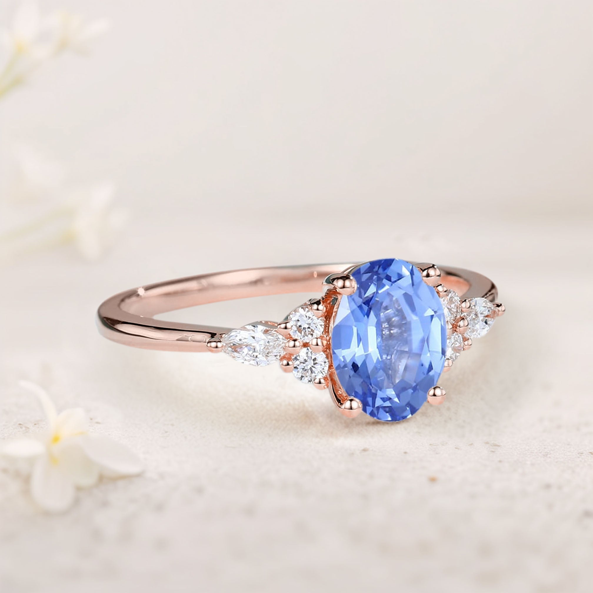 Vintage Oval Lab Sapphire Cluster 18K Rose Gold Engagement Ring