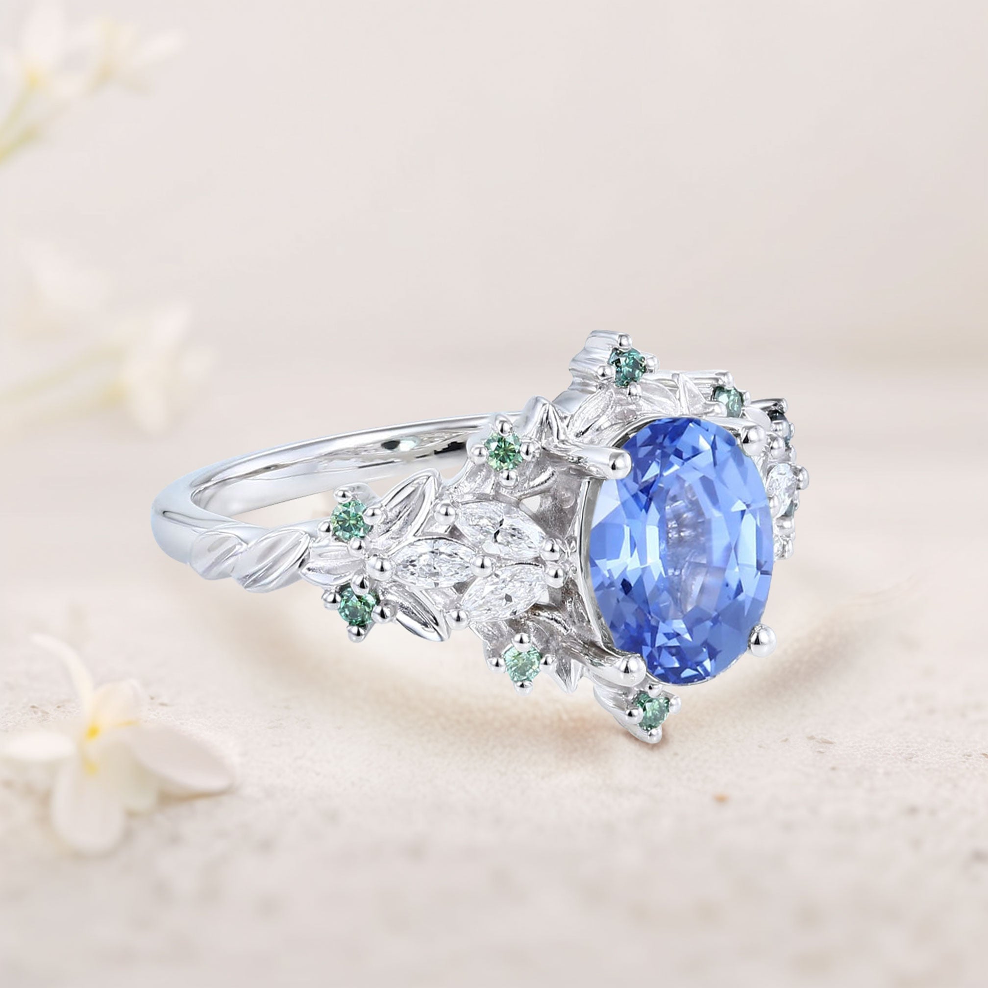 Unique Starlight Oval Lab Sapphire 18K White Gold Engagement Ring