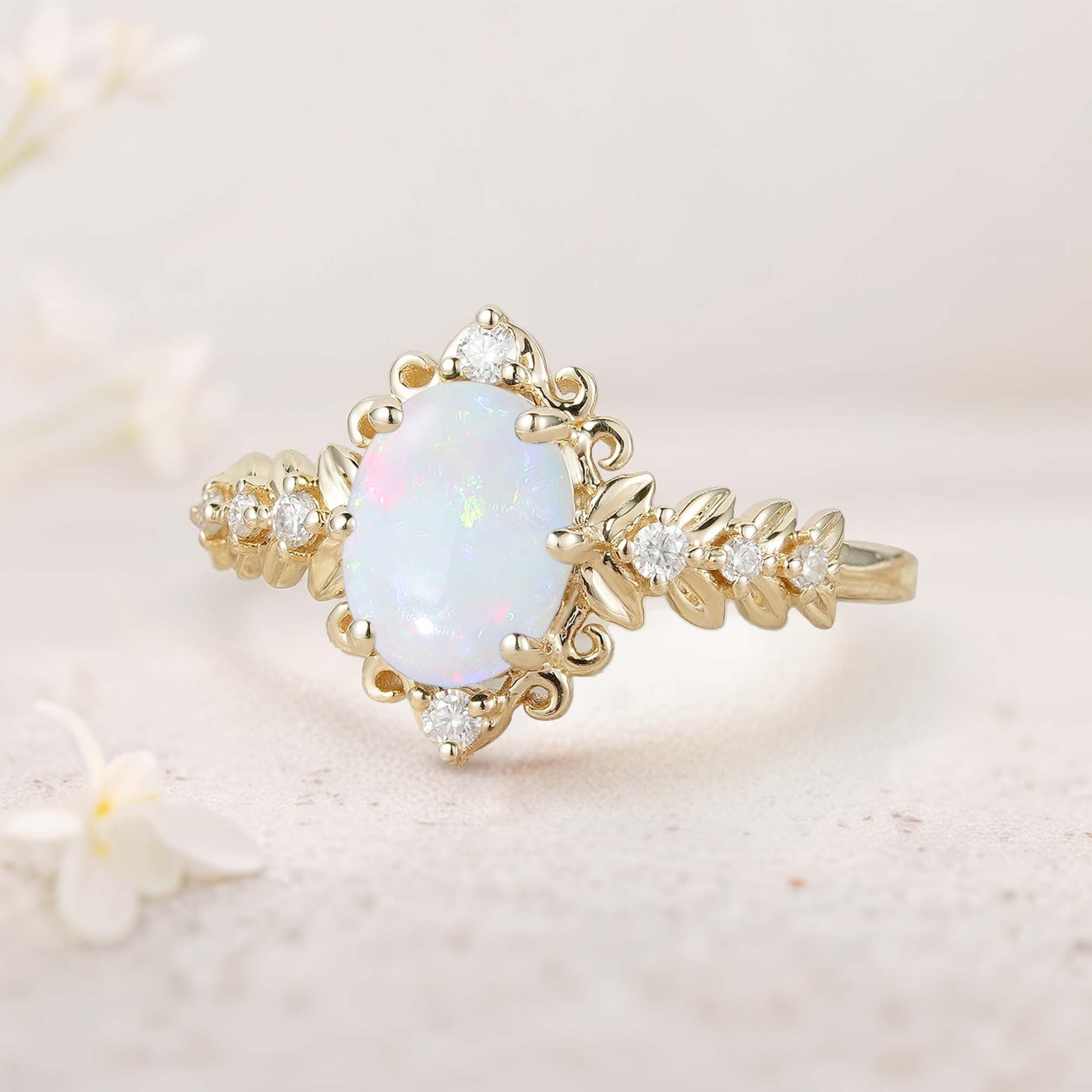 Unique Elegant Royal Oval Lab Opal Filigree Leaf 18K Yellow Gold Engagement Ring