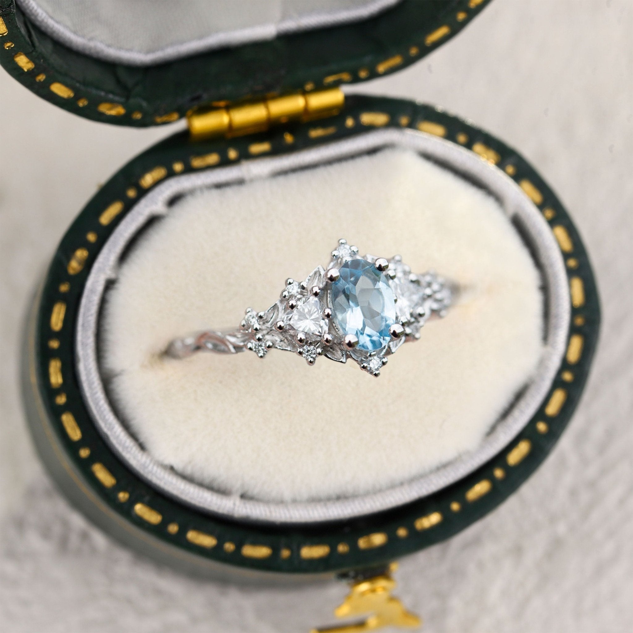 Unique Briar Rose Three Stone Oval Lab Aquamarine Ring - Oore Jewelry