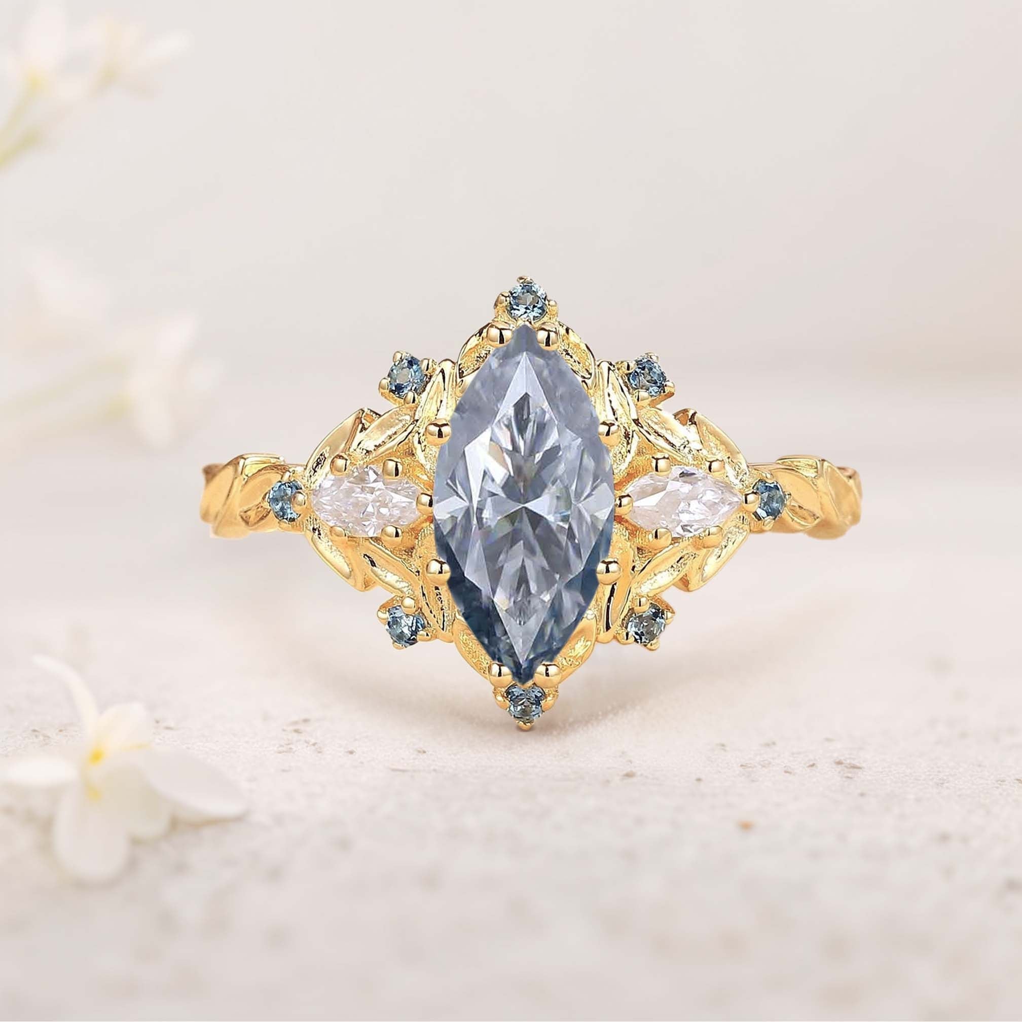 Unique Marquise Gray Moissanite Ring Alexandrite 18K Yellow Gold Wedding Ring
