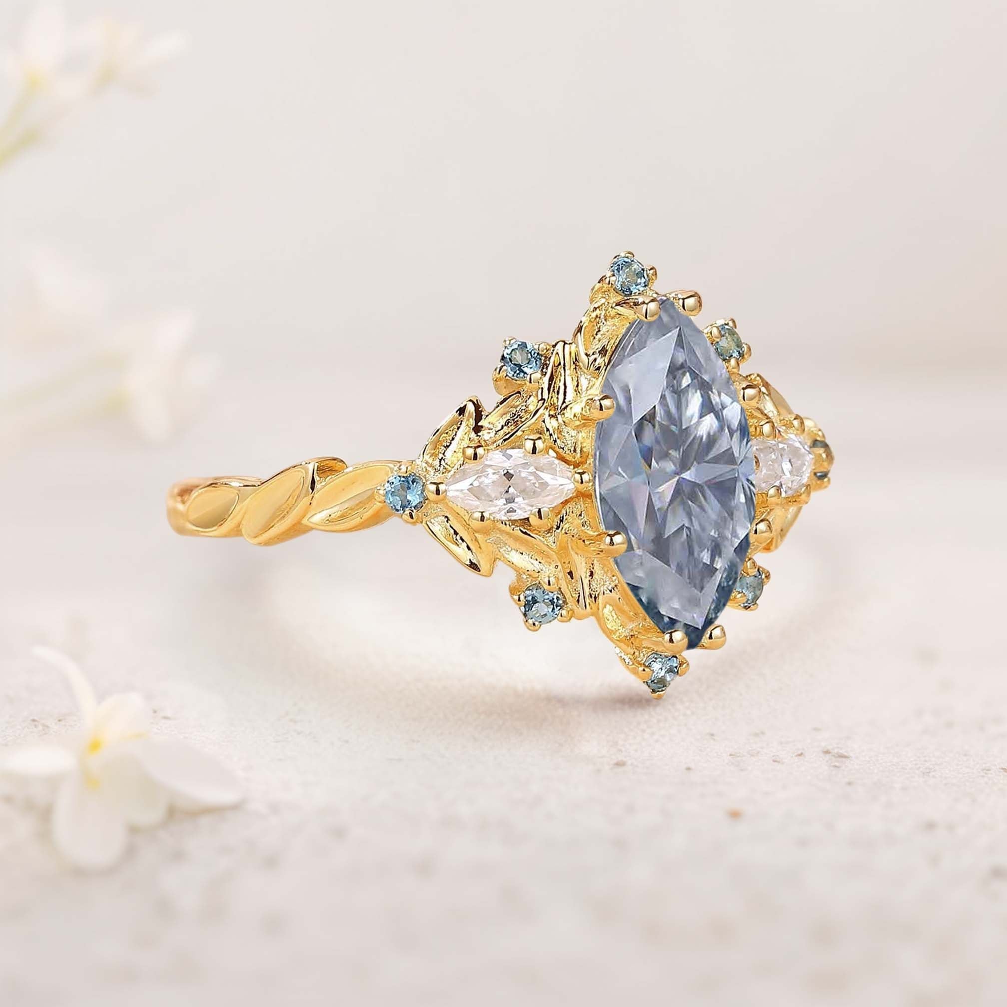 Unique Marquise Gray Moissanite Ring Alexandrite 18K Yellow Gold Wedding Ring