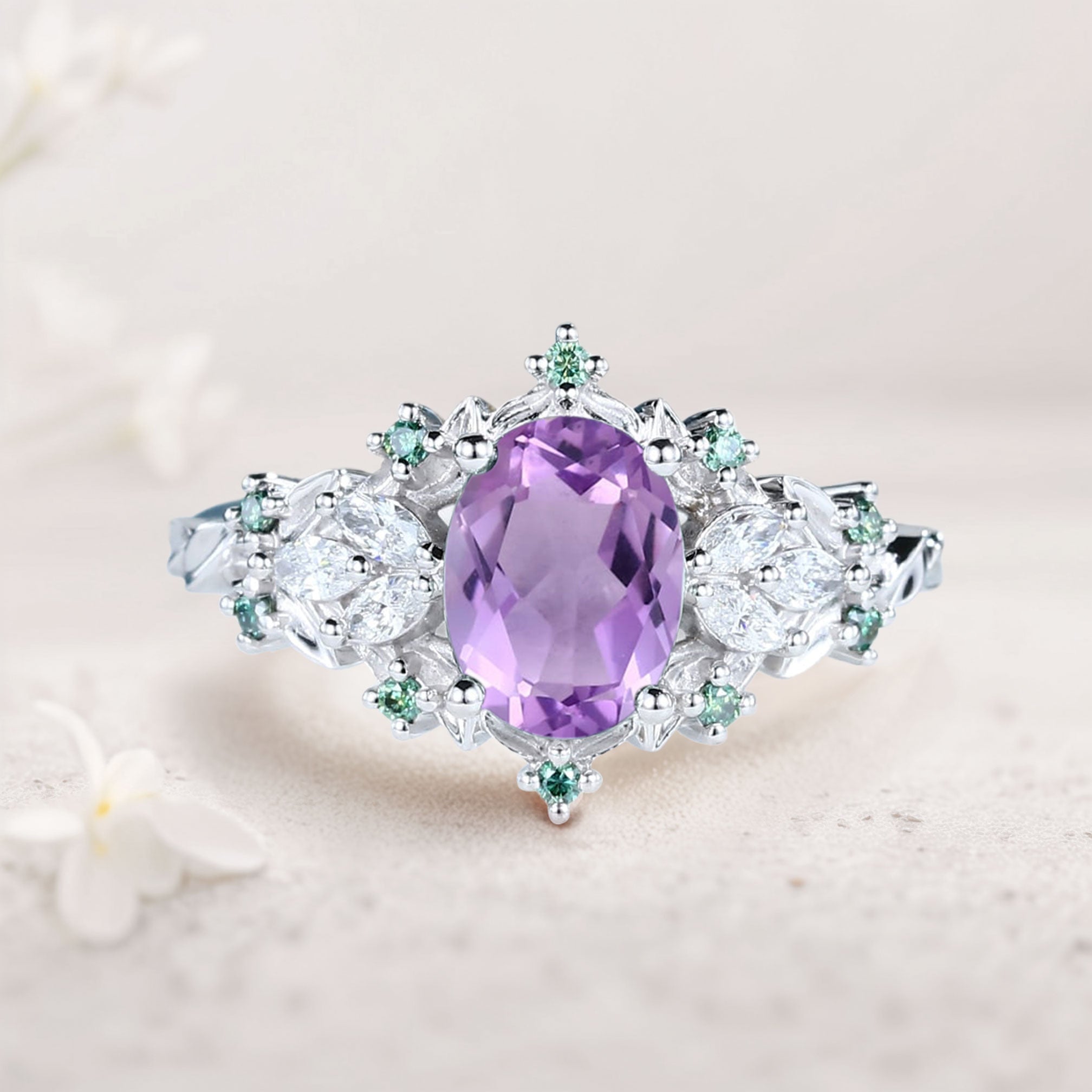Unique Starlight Oval Amethyst 18K White Gold Engagement Ring