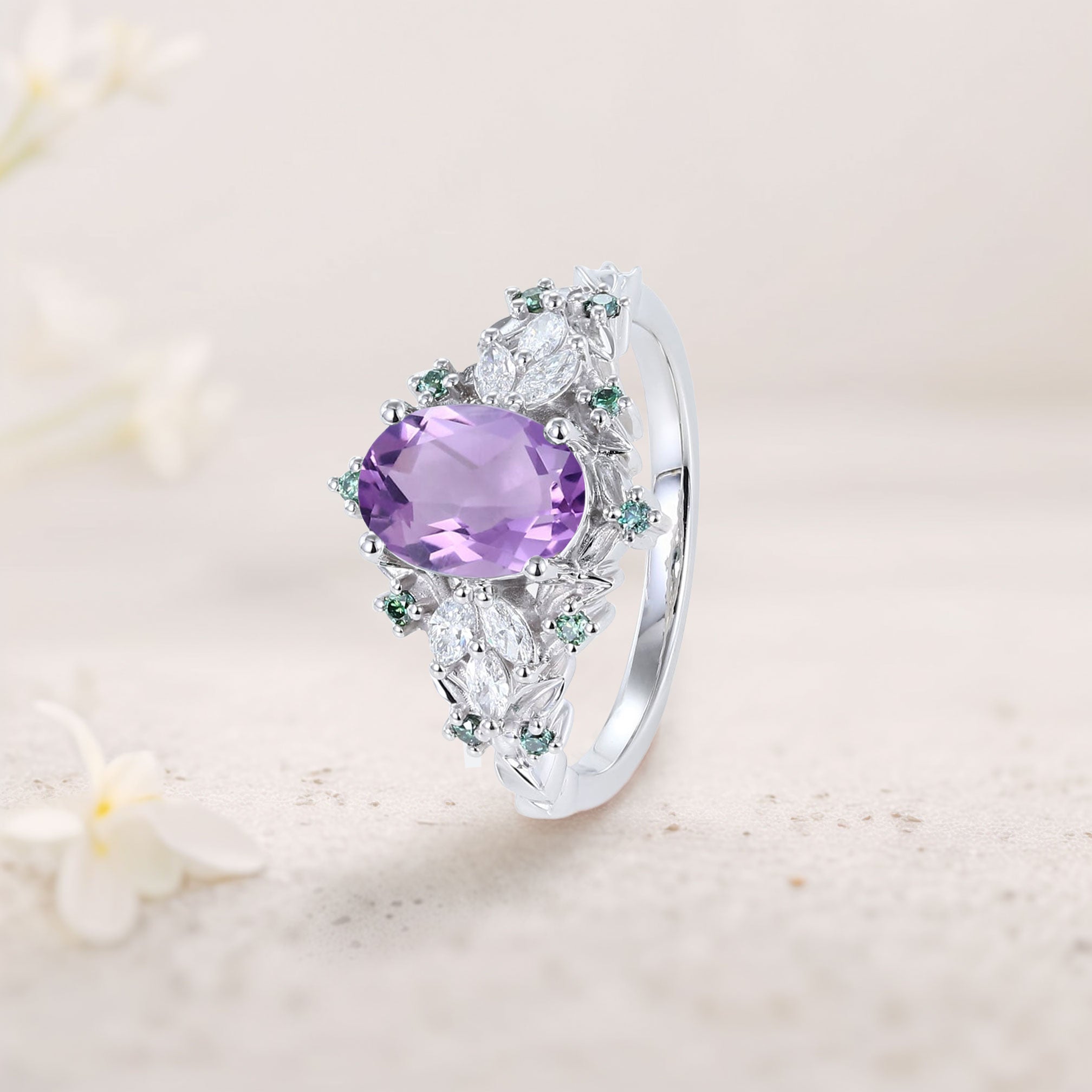 Unique Starlight Oval Amethyst 18K White Gold Engagement Ring