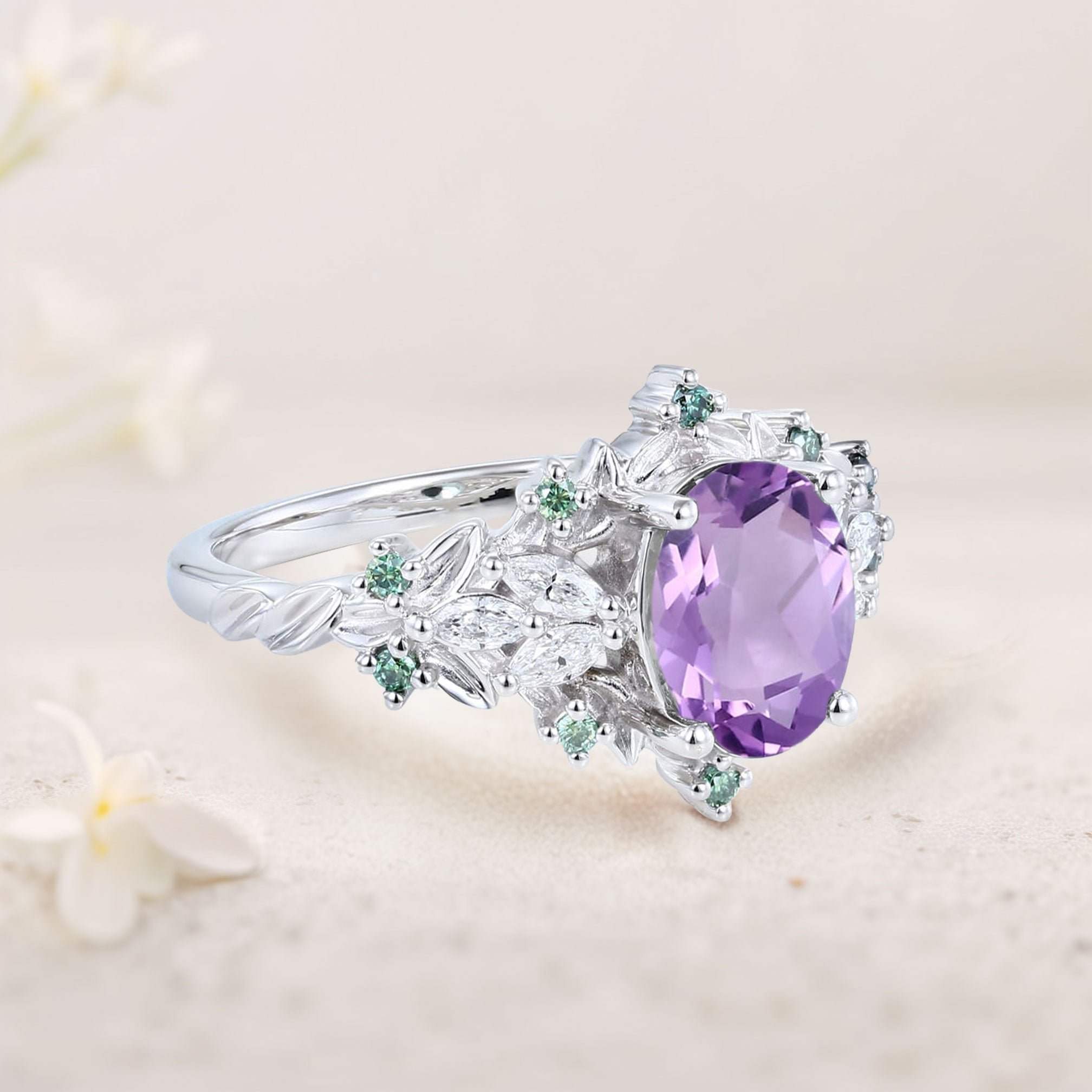 Unique Starlight Oval Amethyst 18K White Gold Engagement Ring