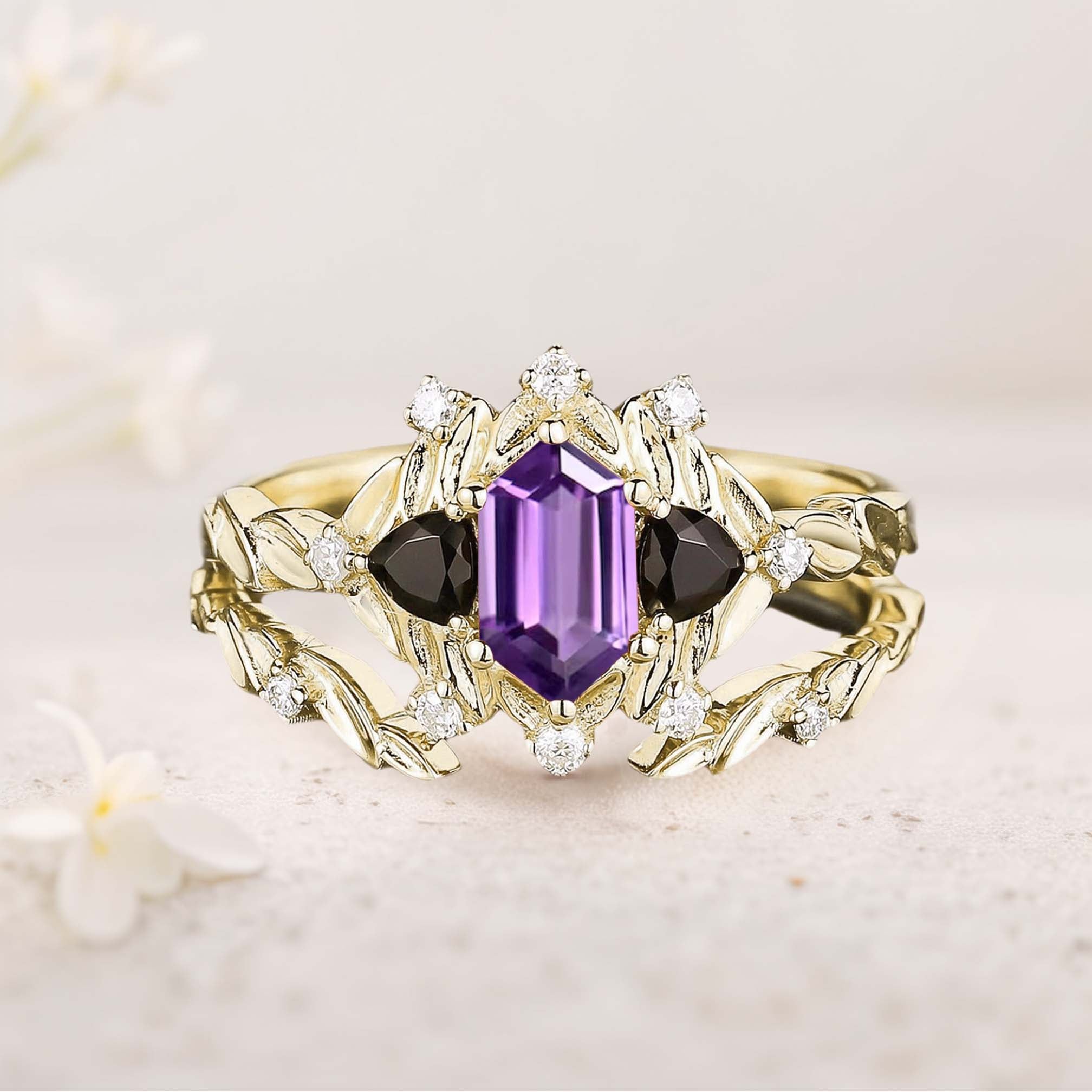 Unique floral engagement rings Long Hexagon Amethyst Leaf 18K Yellow Gold Engagement Ring Wedding Ring Set