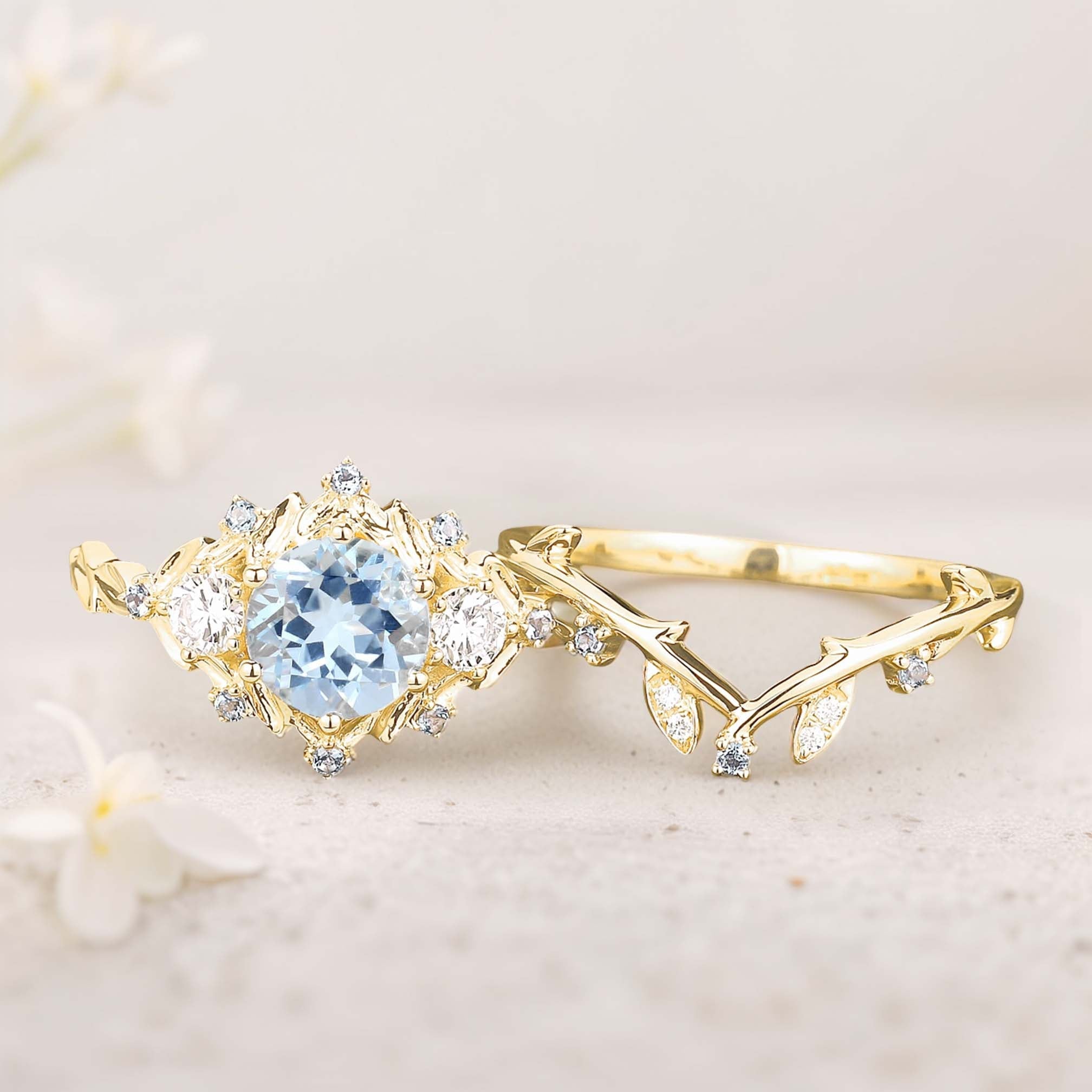 Unique floral engagement rings Round Lab Aquamarine Leaf 18K Yellow Gold Engagement Ring Set