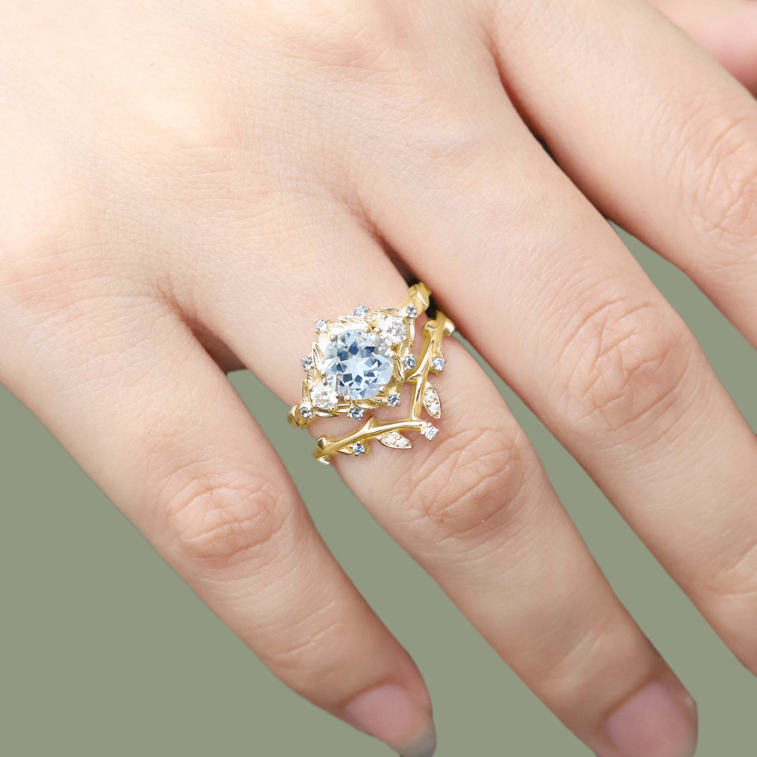 Unique floral engagement rings Round Lab Aquamarine Leaf 18K Yellow Gold Engagement Ring Set