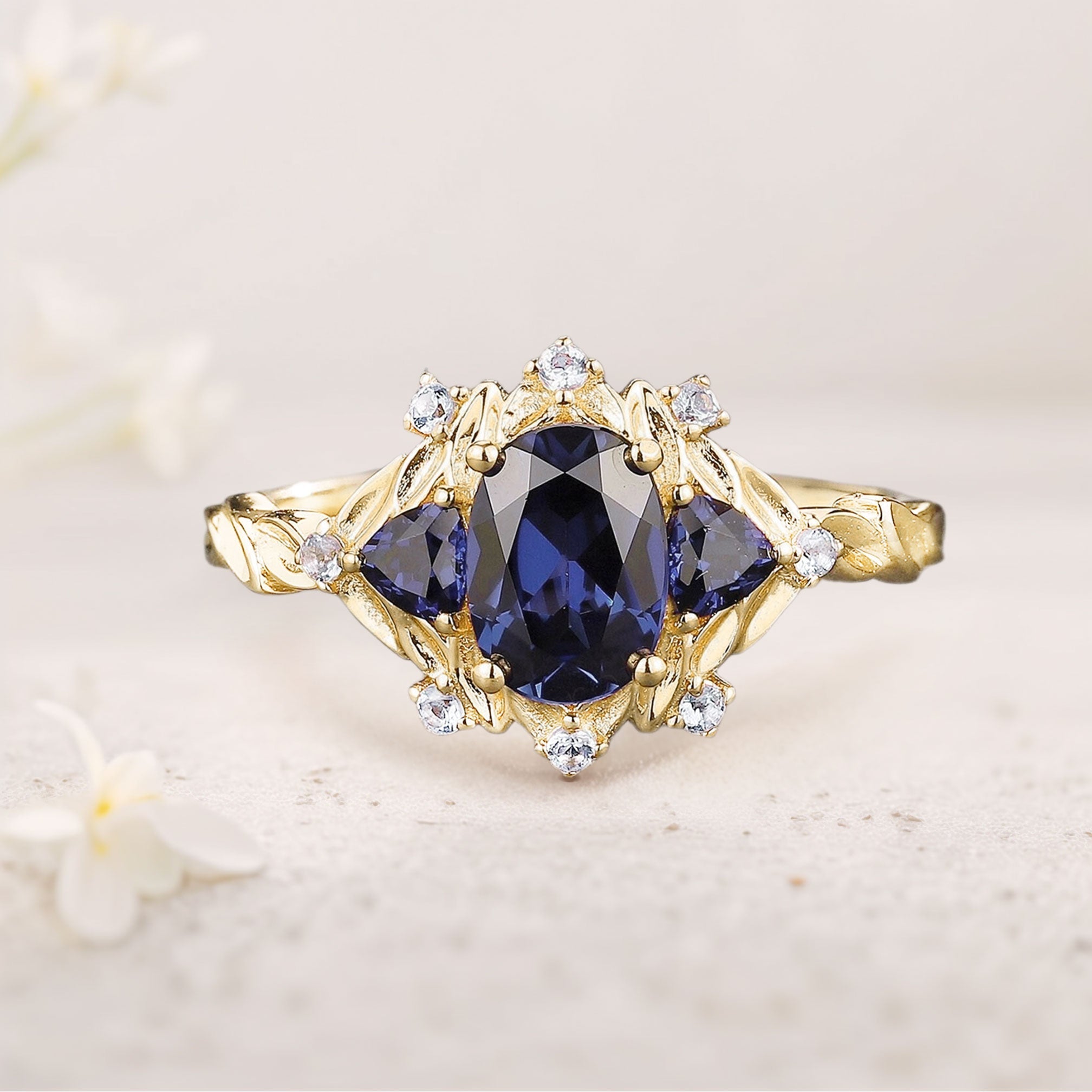 Unique floral engagement rings Oval Blue Lab Sapphire Cluster 18K Yellow Gold Wedding Ring Fairy Engagement Ring