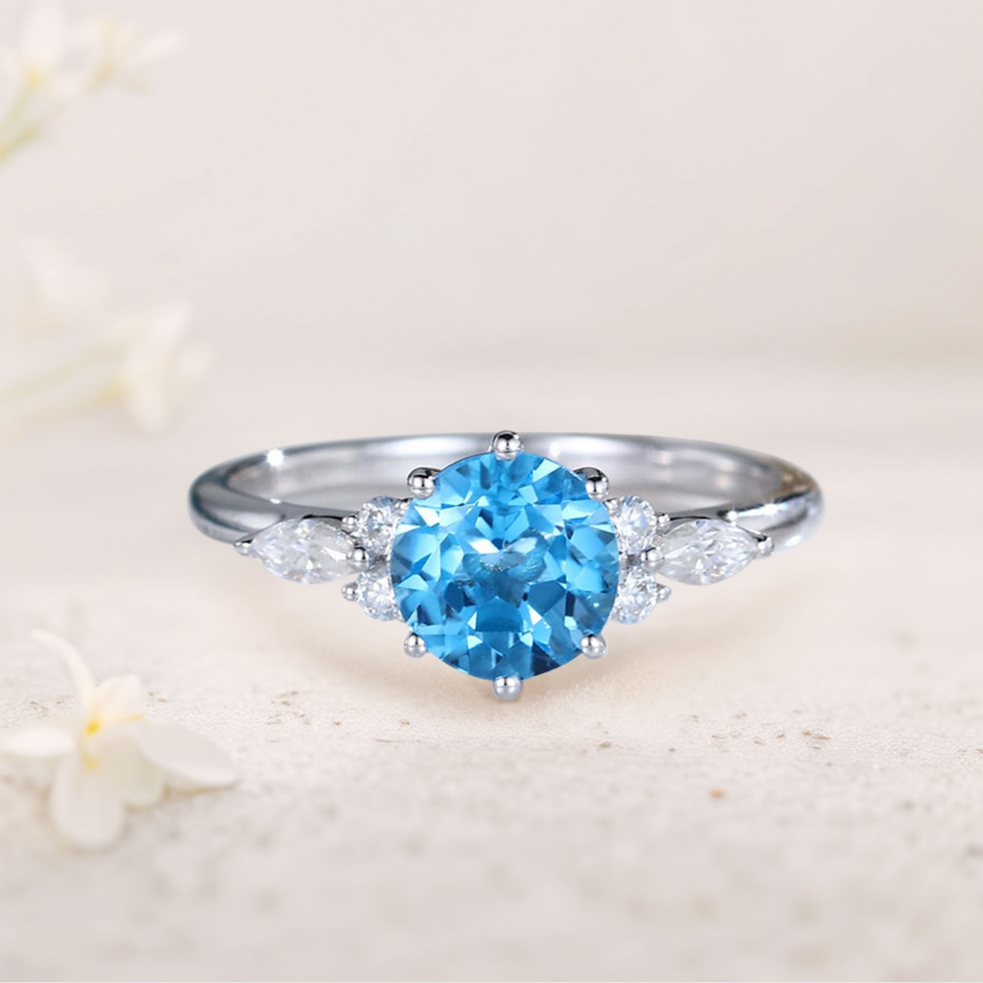 Unique Round Blue Lab Topaz 18K White Gold Engagement Rings Cluster Promise Ring