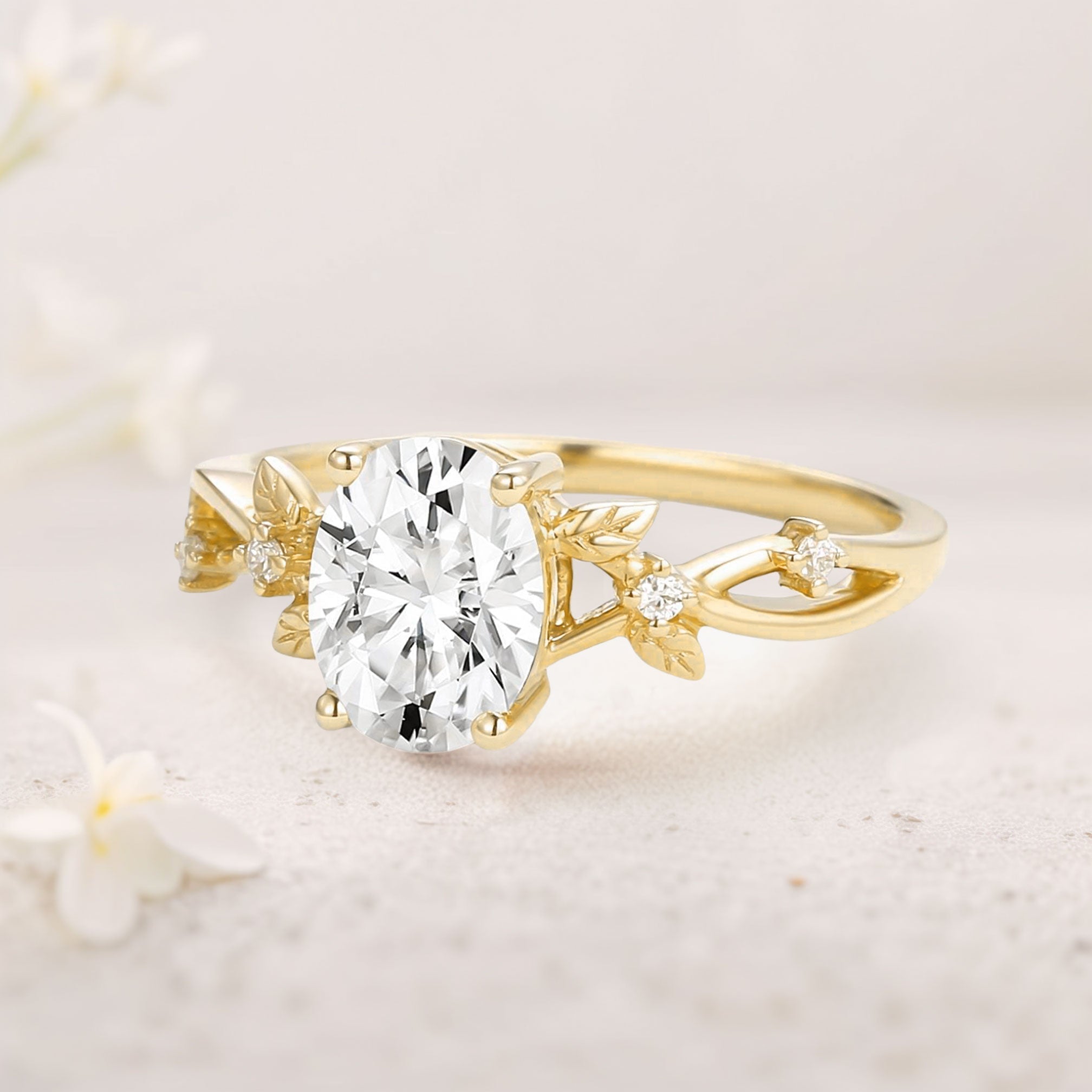 Unique floral engagement rings Oval Moissanite Leafy 18K Yellow Gold Engagement Ring
