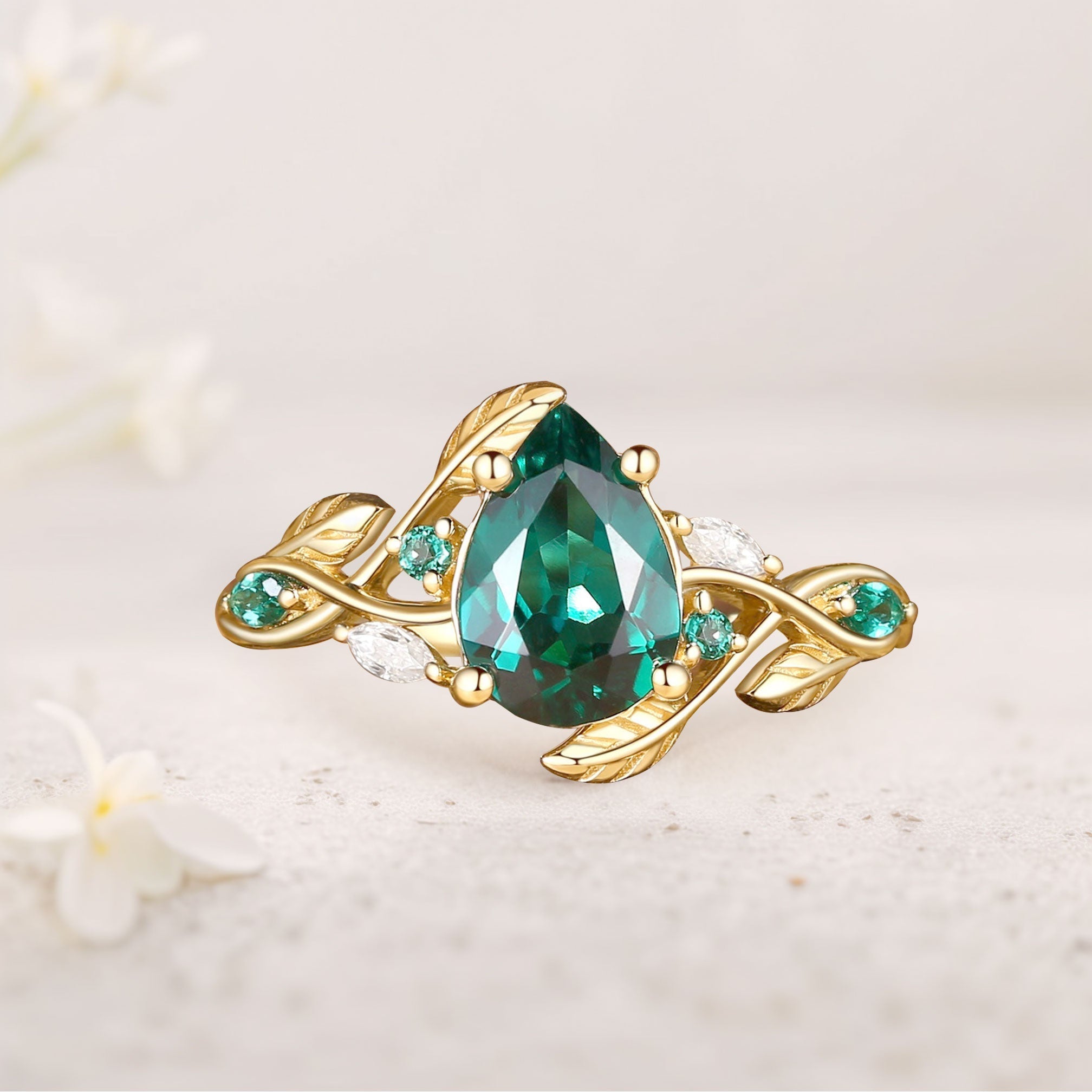 Unique floral engagement rings Everly Nature Inspired Pear Lab Emerald Leaf 18K Yellow Gold Engagement Ring