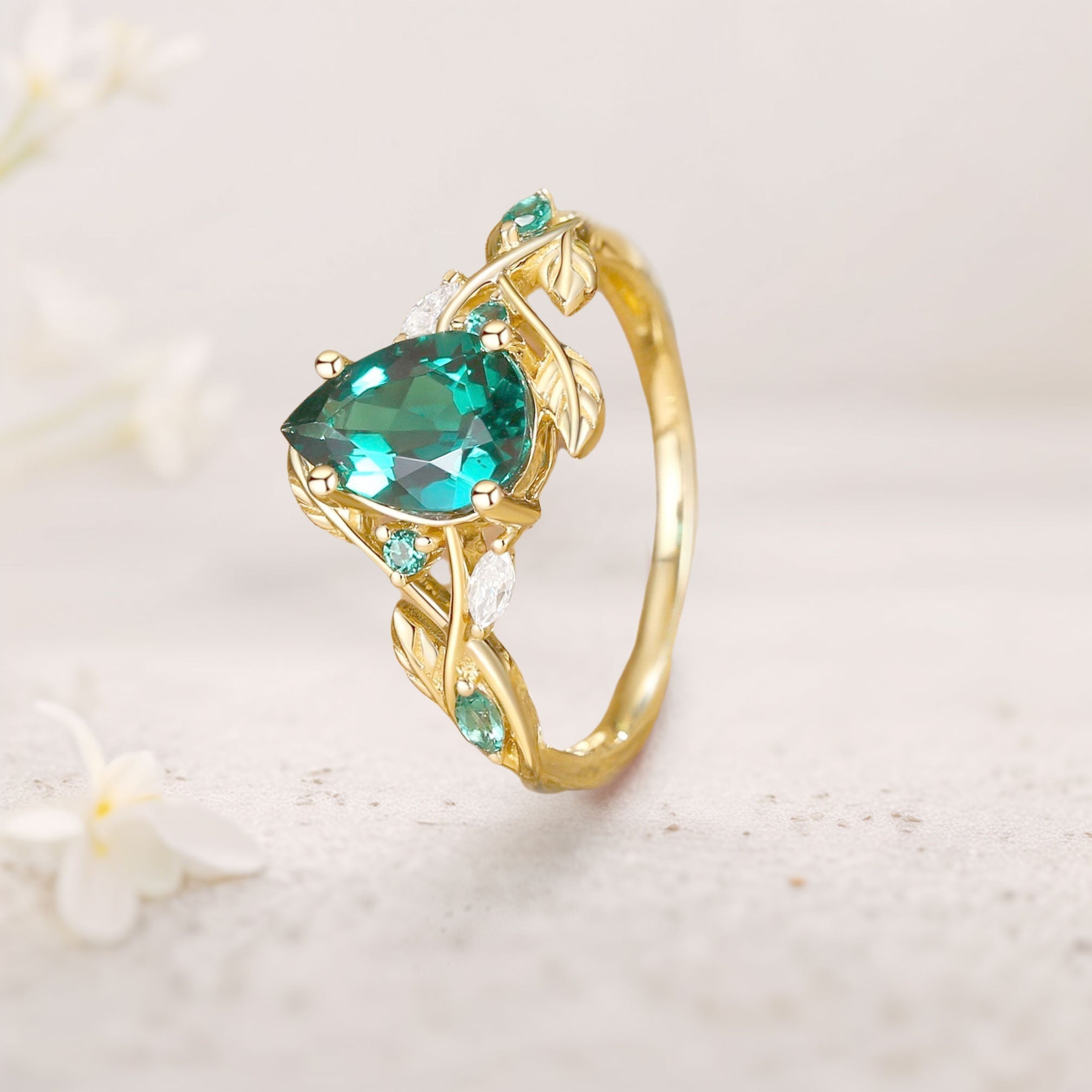 Unique floral engagement rings Everly Nature Inspired Pear Lab Emerald Leaf 18K Yellow Gold Engagement Ring