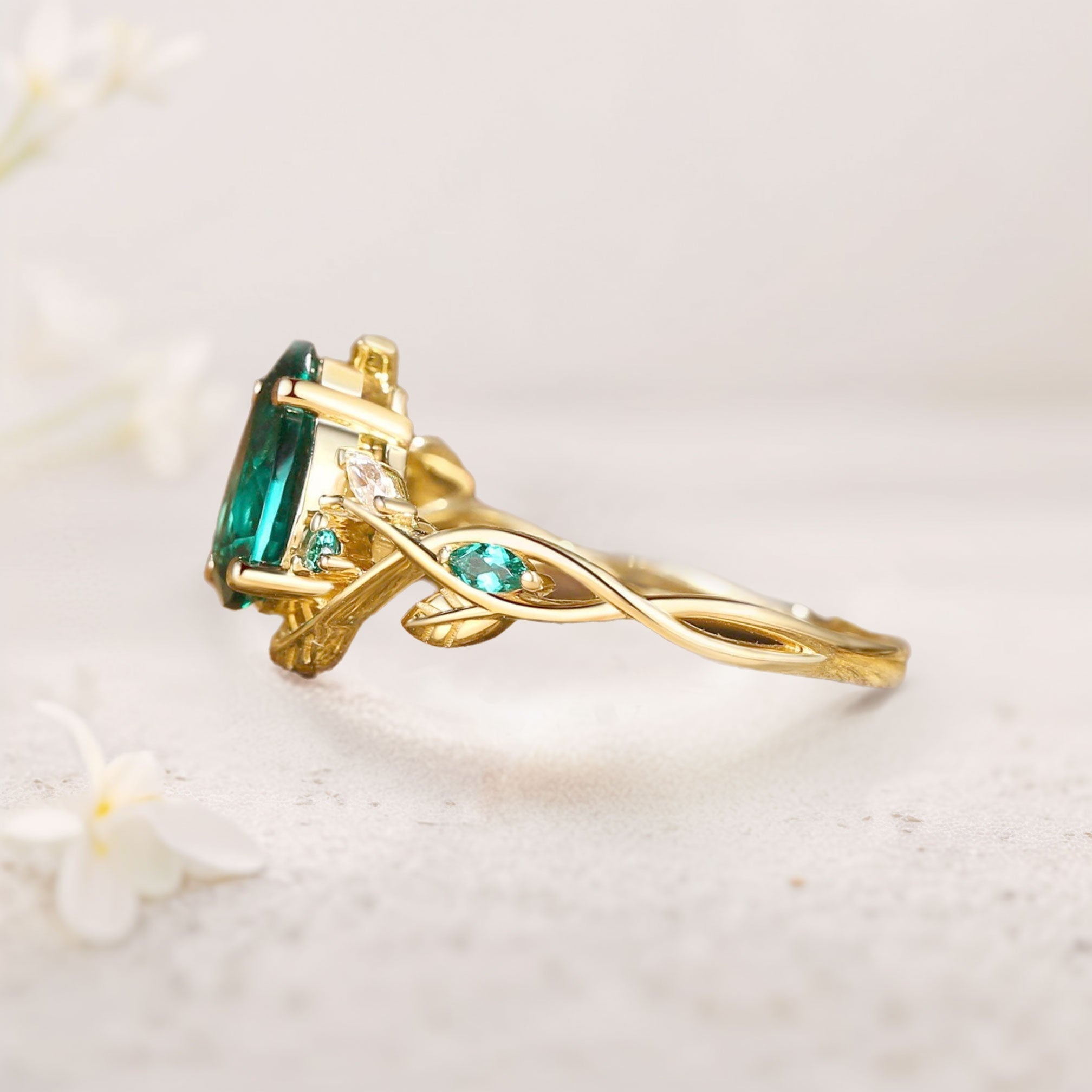Unique floral engagement rings Everly Nature Inspired Pear Lab Emerald Leaf 18K Yellow Gold Engagement Ring