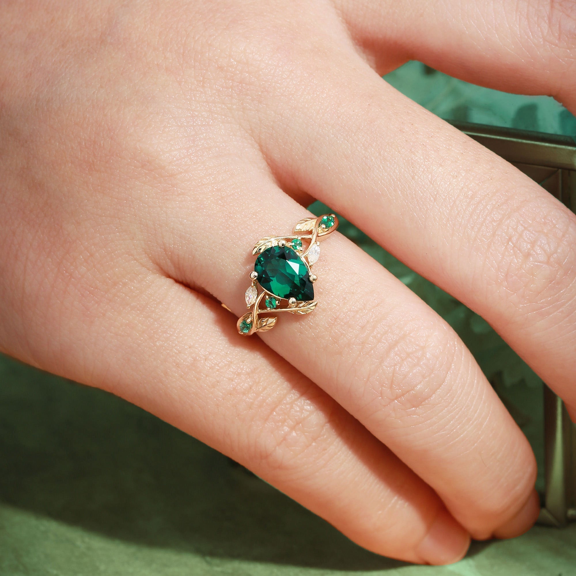 Unique floral engagement rings Everly Nature Inspired Pear Lab Emerald Leaf 18K Yellow Gold Engagement Ring