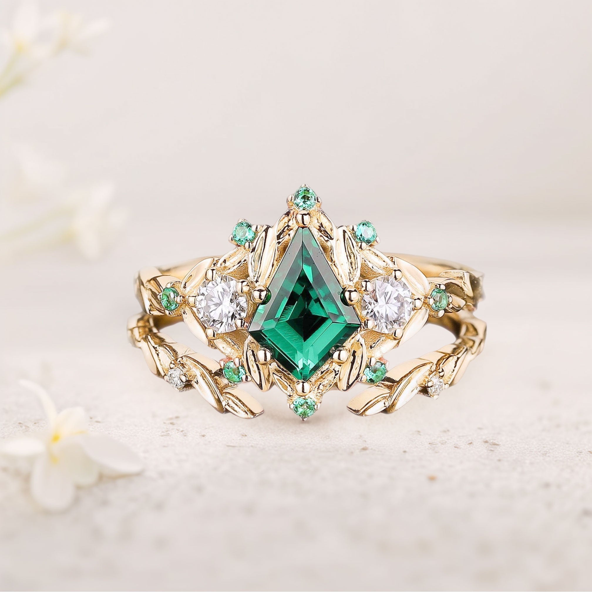 Unique floral engagement rings Kite Lab Emerald Engagement ring set leaf Emerald 18K Yellow Gold Wedding ring set