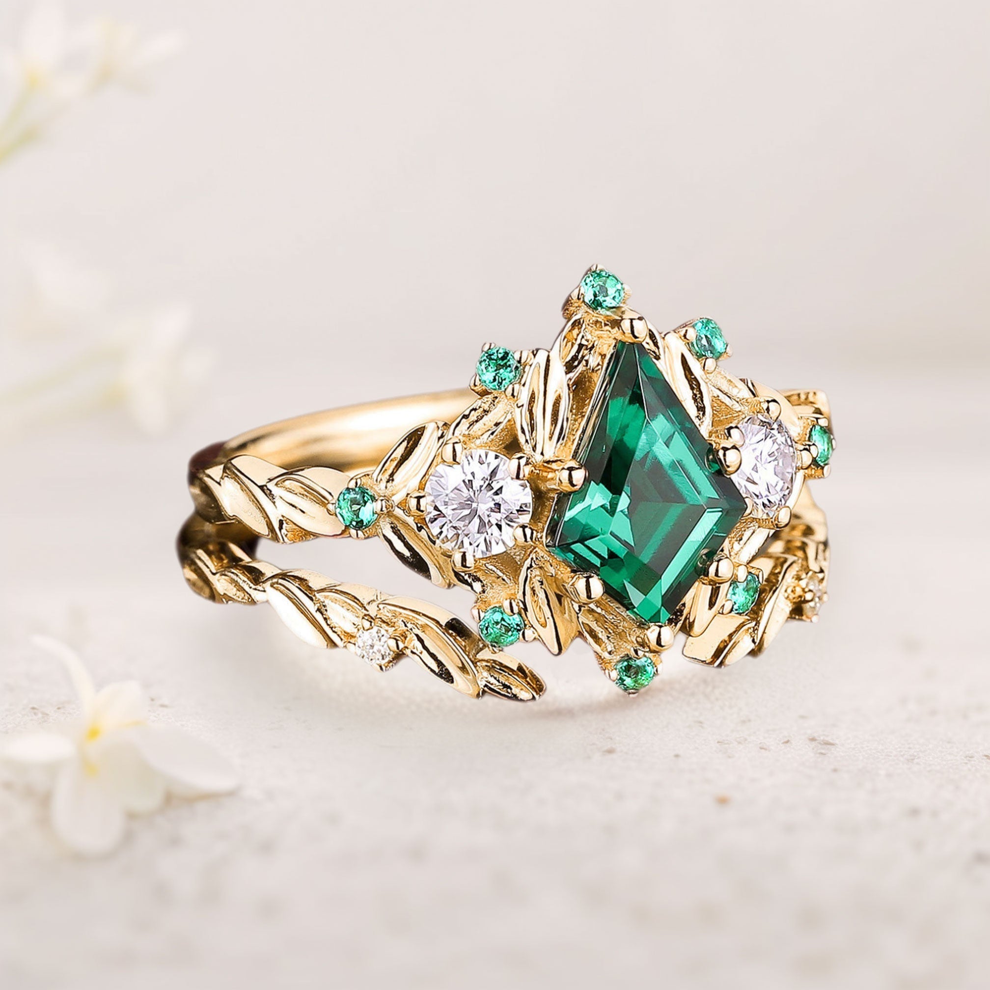 Unique floral engagement rings Kite Lab Emerald Engagement ring set leaf Emerald 18K Yellow Gold Wedding ring set