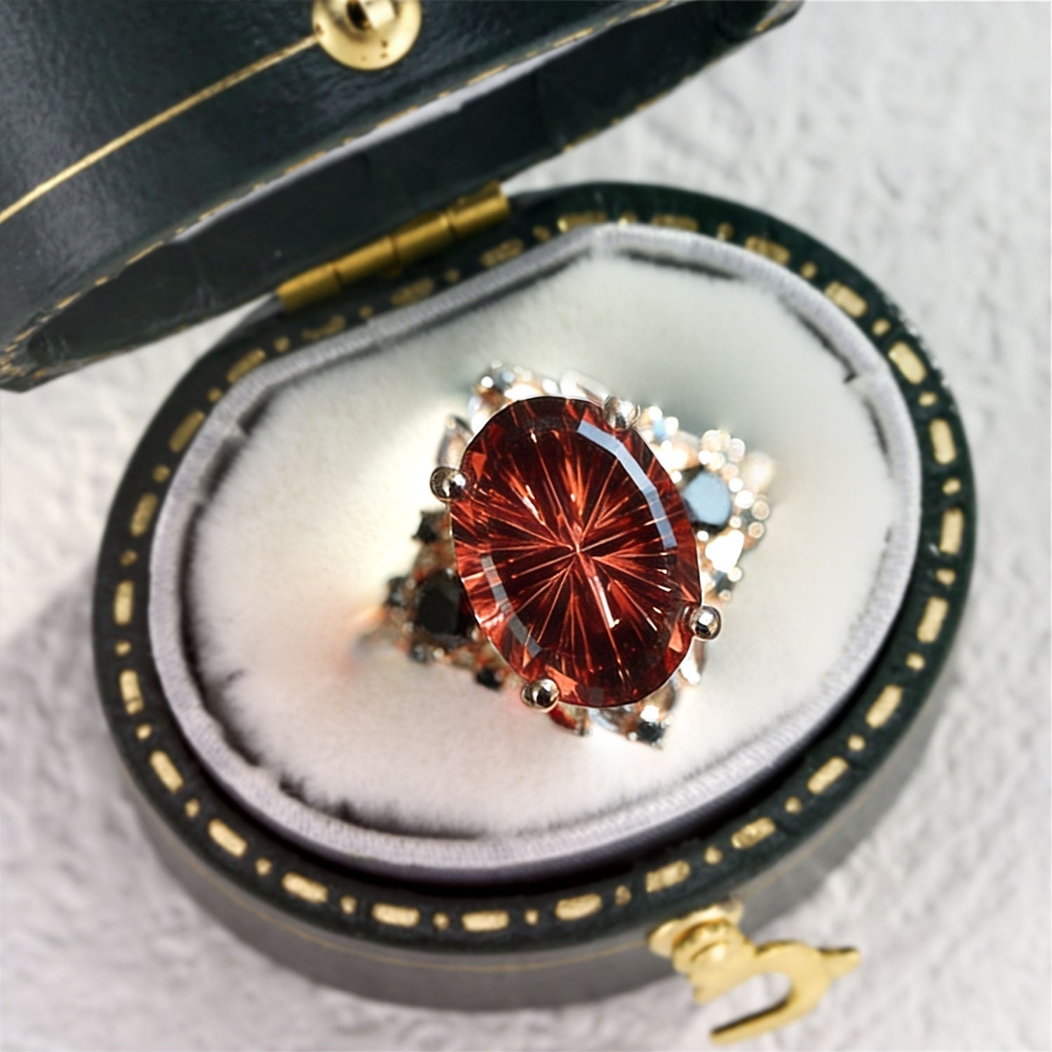 Vintage Briar Rose Starlight Three Stone Oval Garnet 14k yellow gold Ring