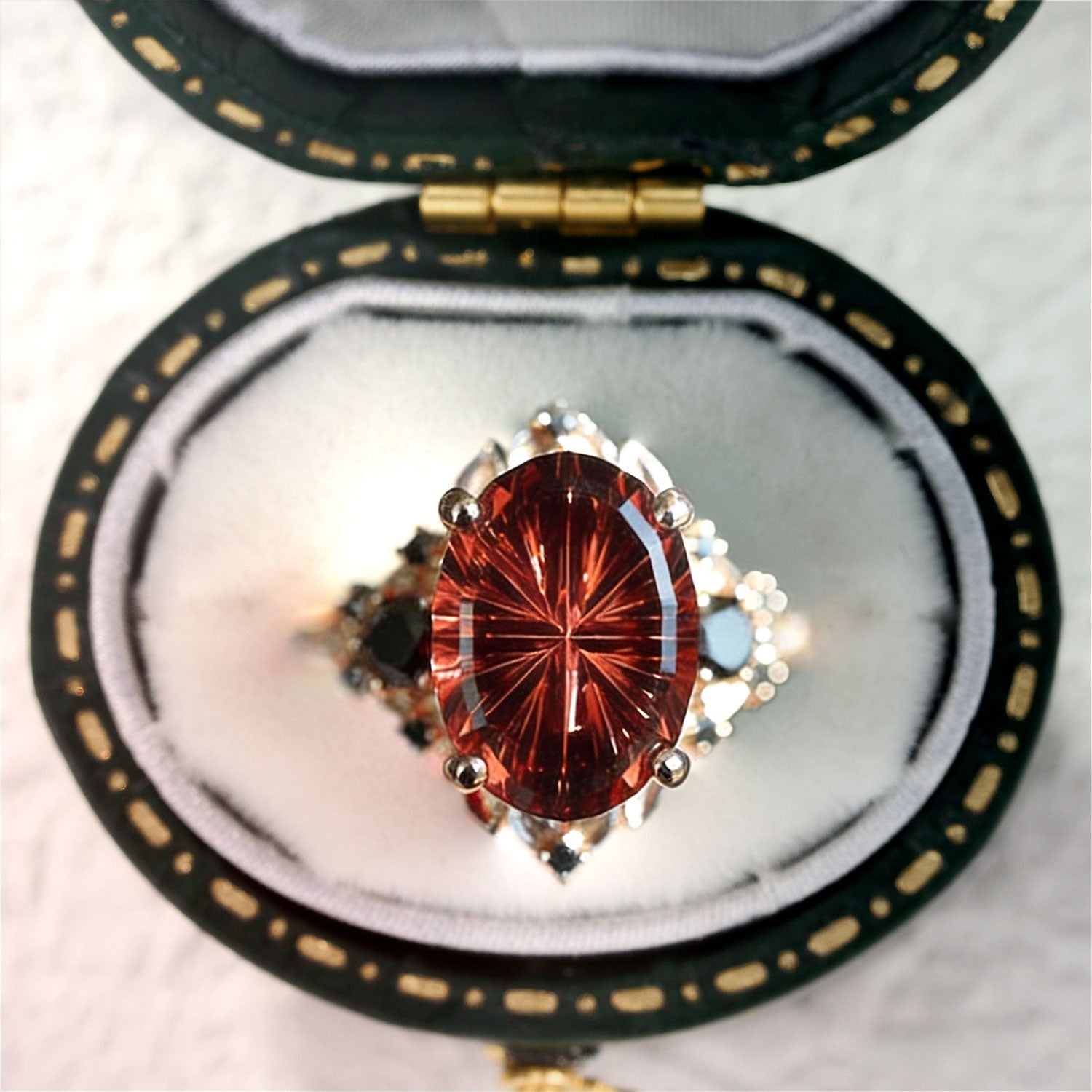 Vintage Briar Rose Starlight Three Stone Oval Garnet 14k yellow gold Ring