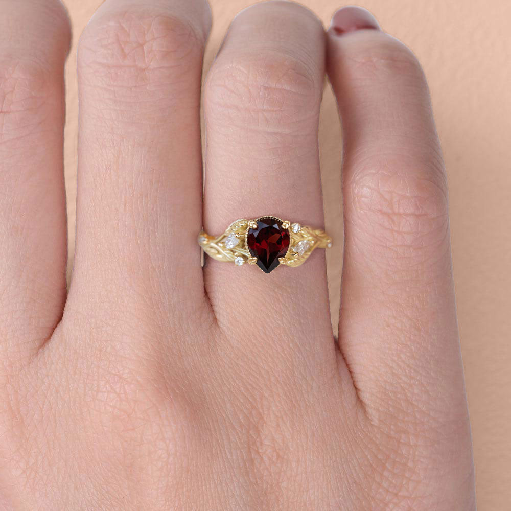 Unique floral engagement rings Pear Garnet 18K Yellow Gold Engagement Ring flower Ring