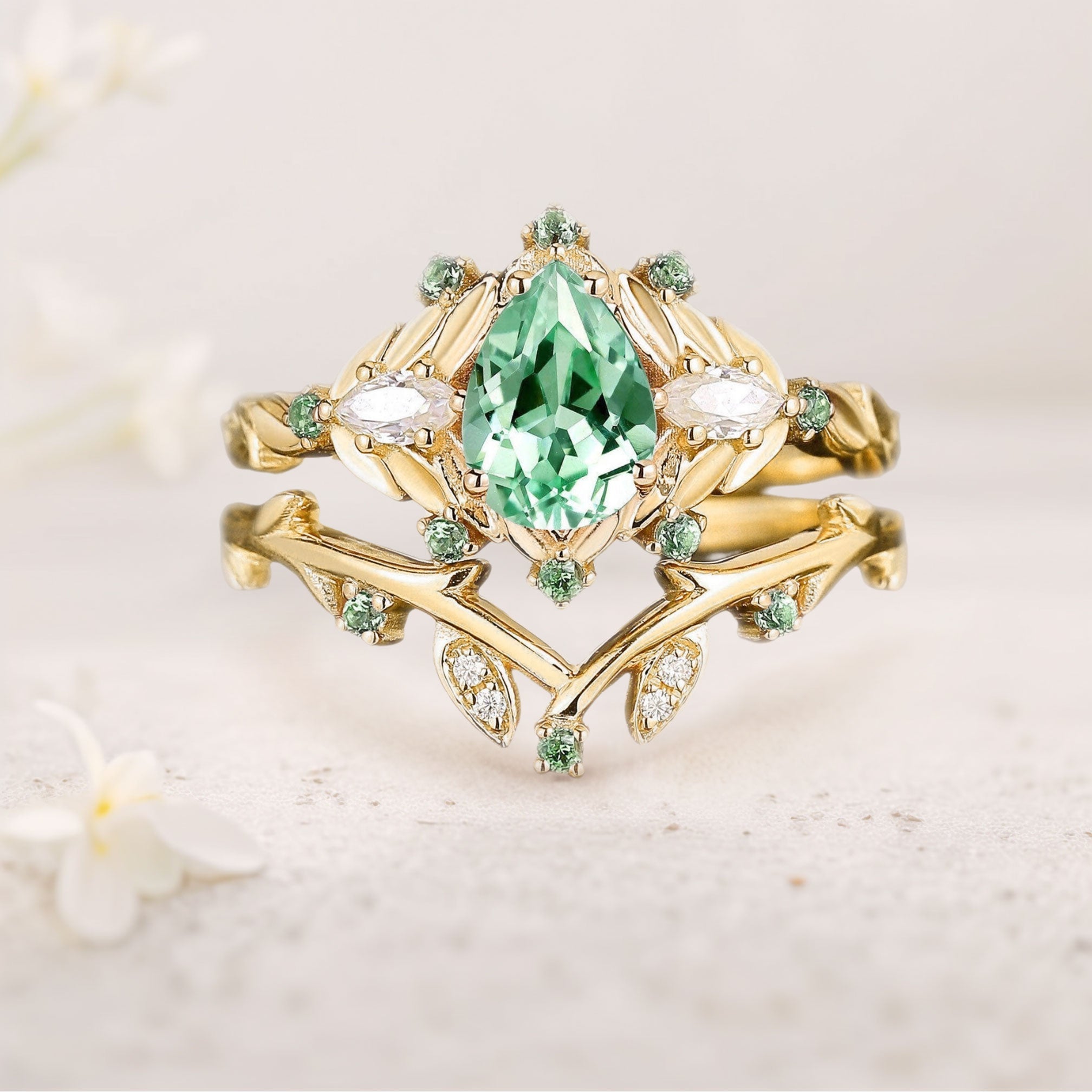 Vintage floral engagement rings Pear Green Lab Sapphire Floral 18K Yellow Gold Engagement Ring Set Emerald Fairy Wedding Ring Set