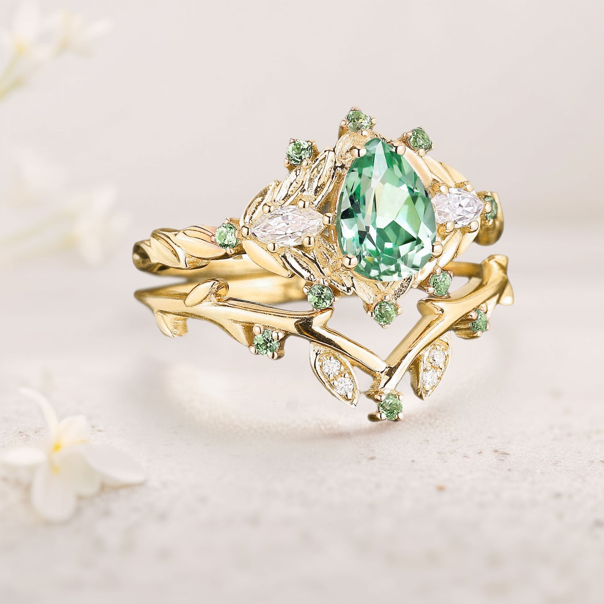 Vintage floral engagement rings Pear Green Lab Sapphire Floral 18K Yellow Gold Engagement Ring Set Emerald Fairy Wedding Ring Set