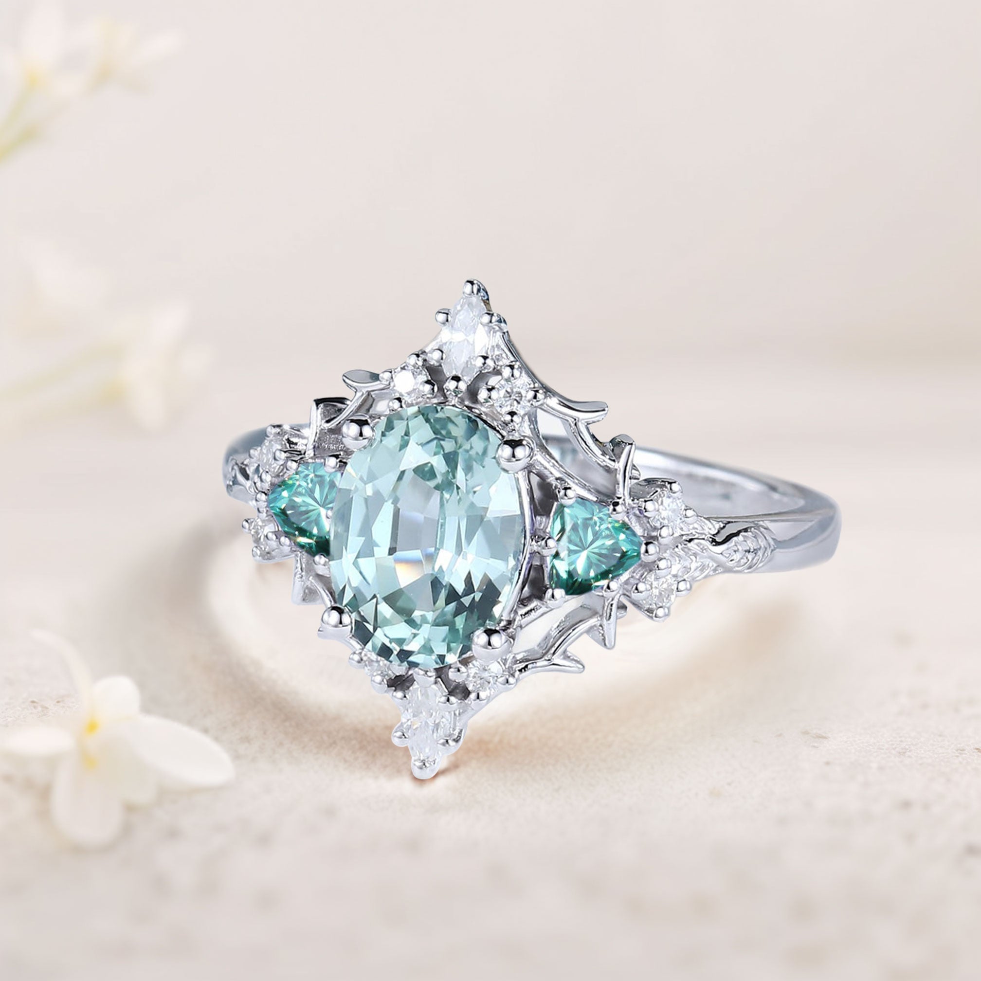 Vintage Briar Rose Oval Green Lab Sapphire and Teal Moissanite 18K White Gold Engagement Ring Filigree Ring