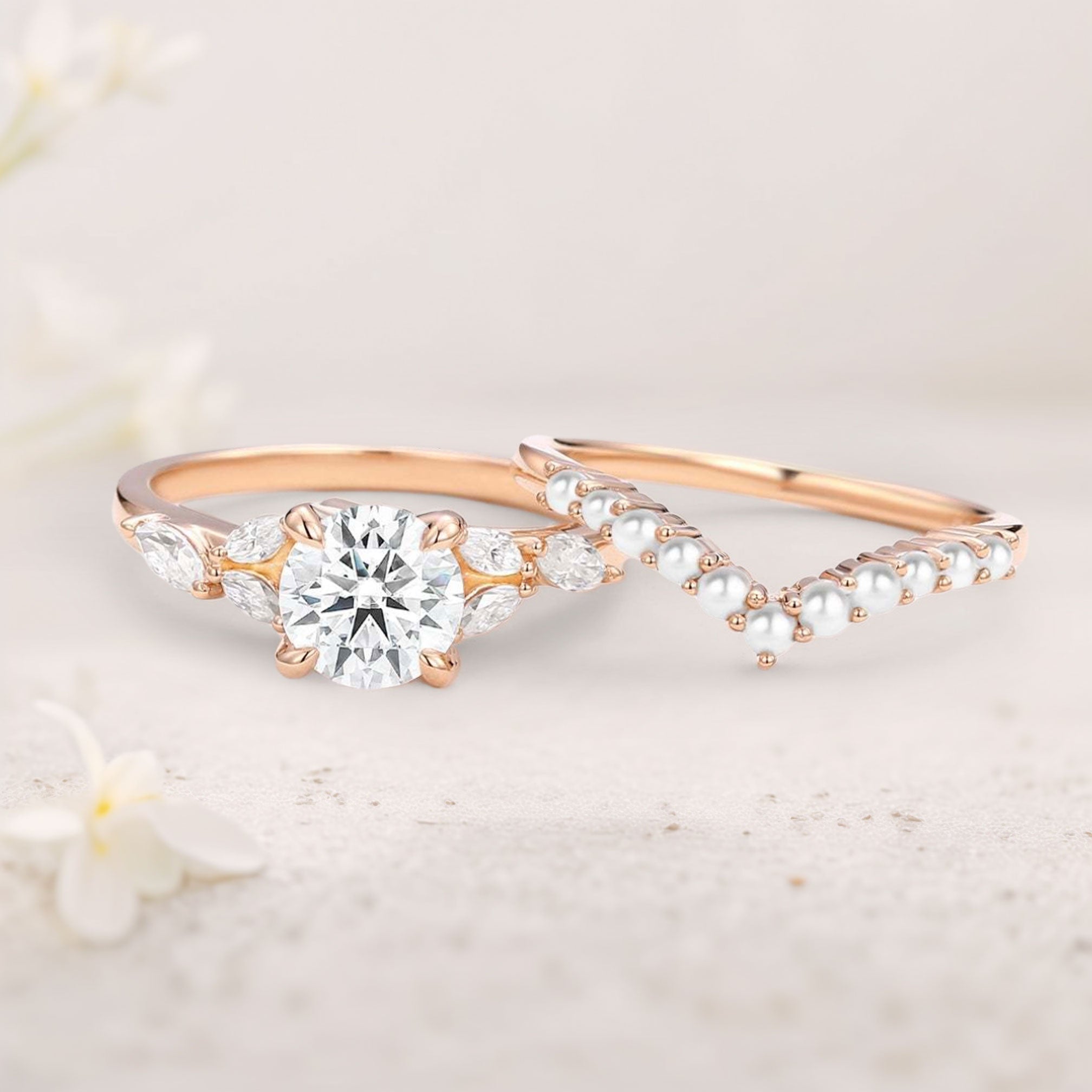 Unique floral engagement rings Round Moissanite and Pearl 18K Yellow Gold Engagement Ring Set