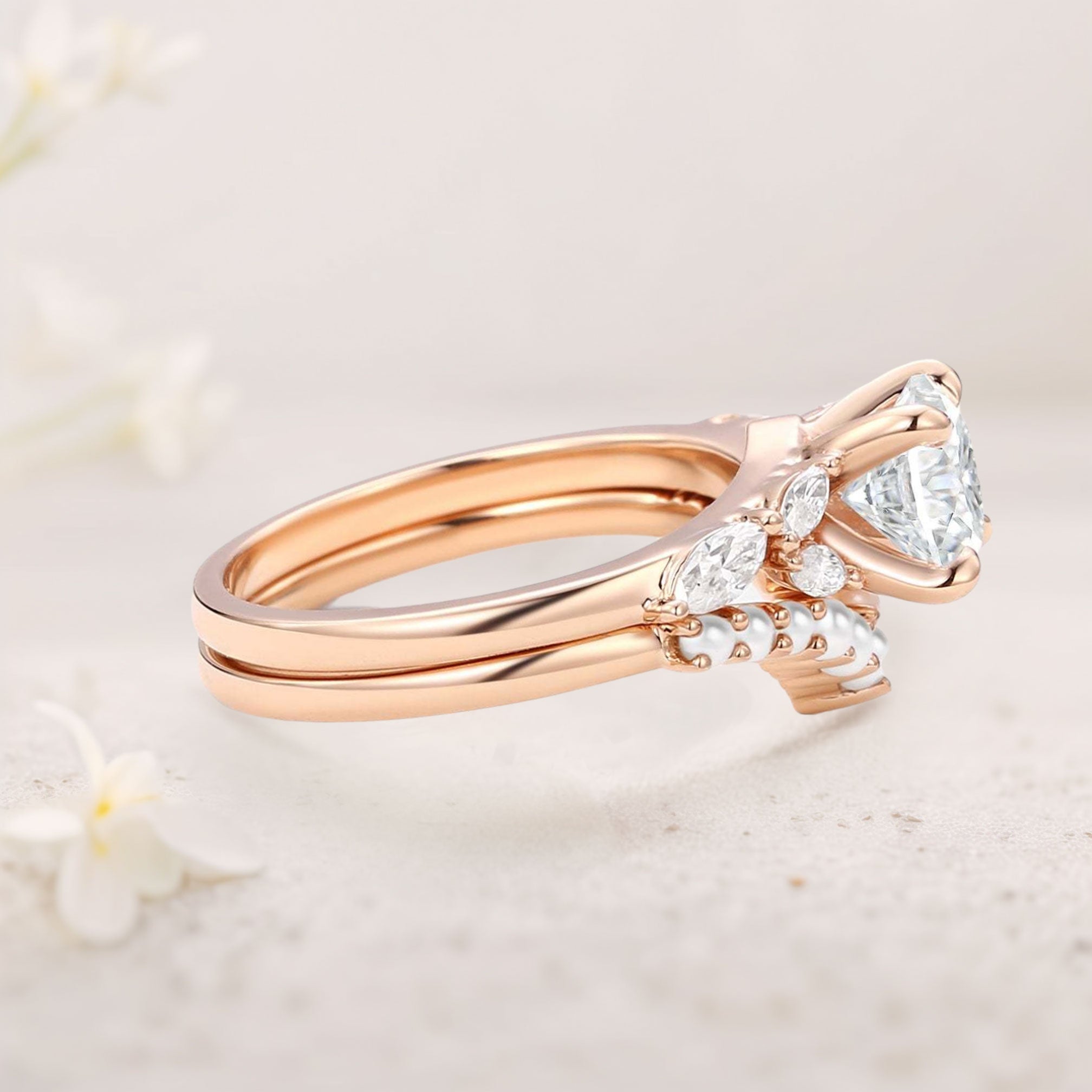 Unique floral engagement rings Round Moissanite and Pearl 18K Yellow Gold Engagement Ring Set