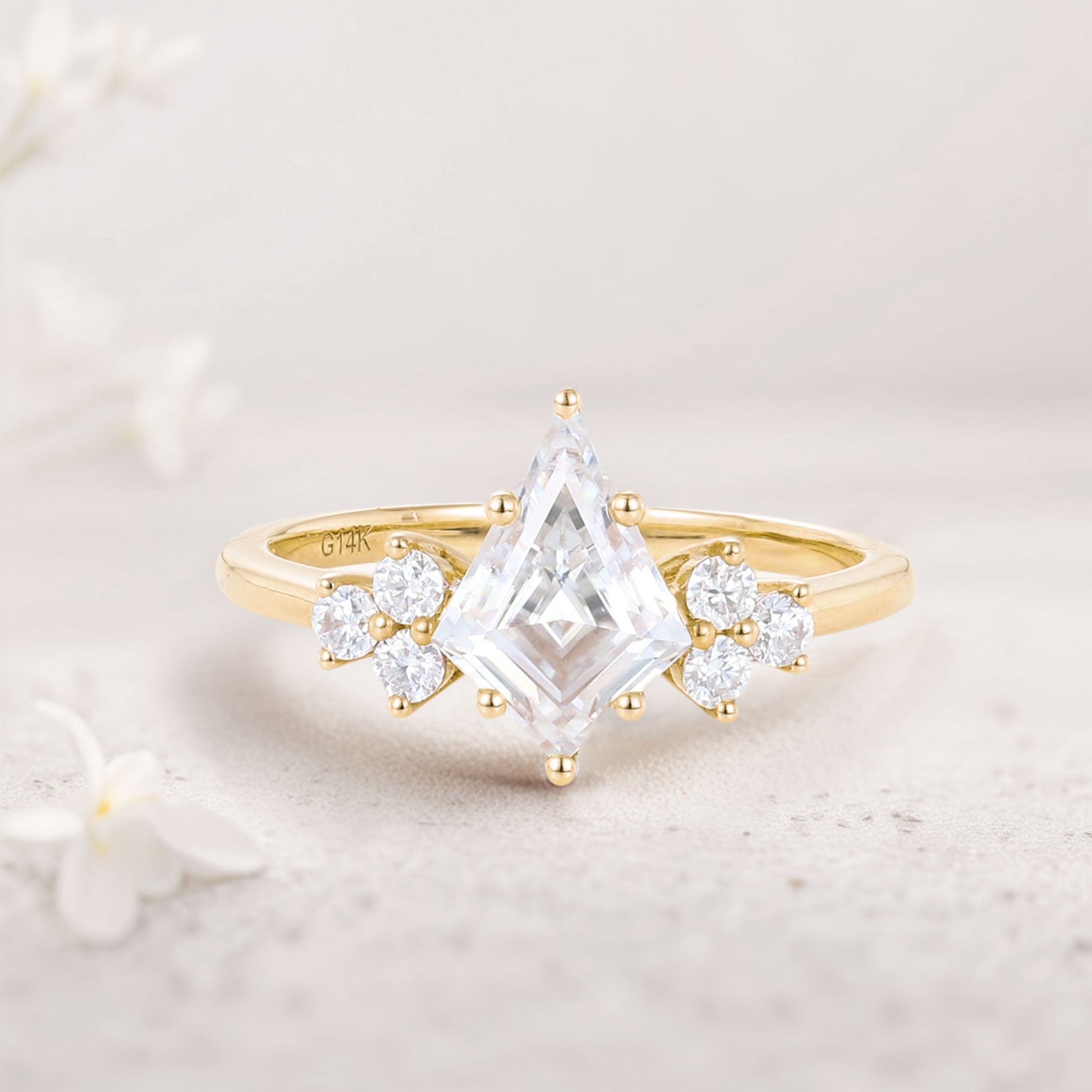Unique Kite Moissanite 18K Yellow Gold Engagement Ring Cluster Promise Ring