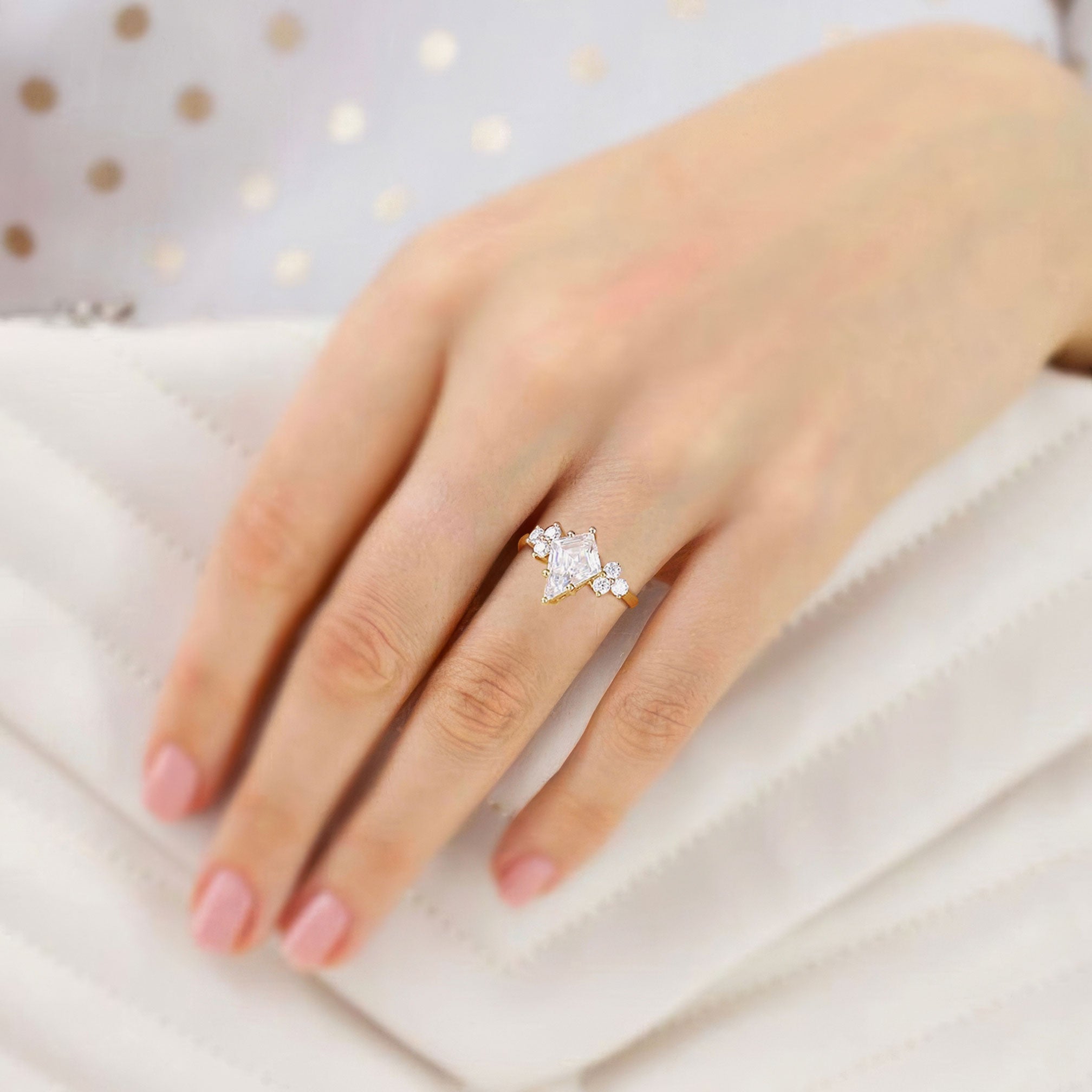Unique Kite Moissanite 18K Yellow Gold Engagement Ring Cluster Promise Ring