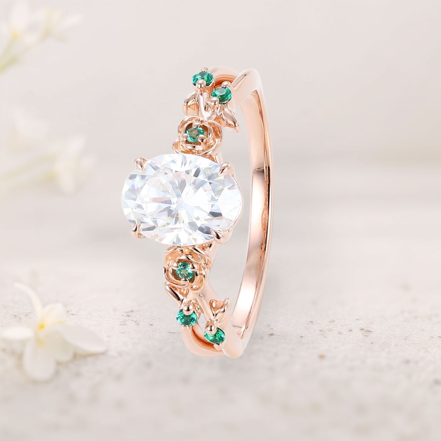 Unique floral engagement rings Oval Moissanite 18K Yellow Gold Engagement Promise Ring