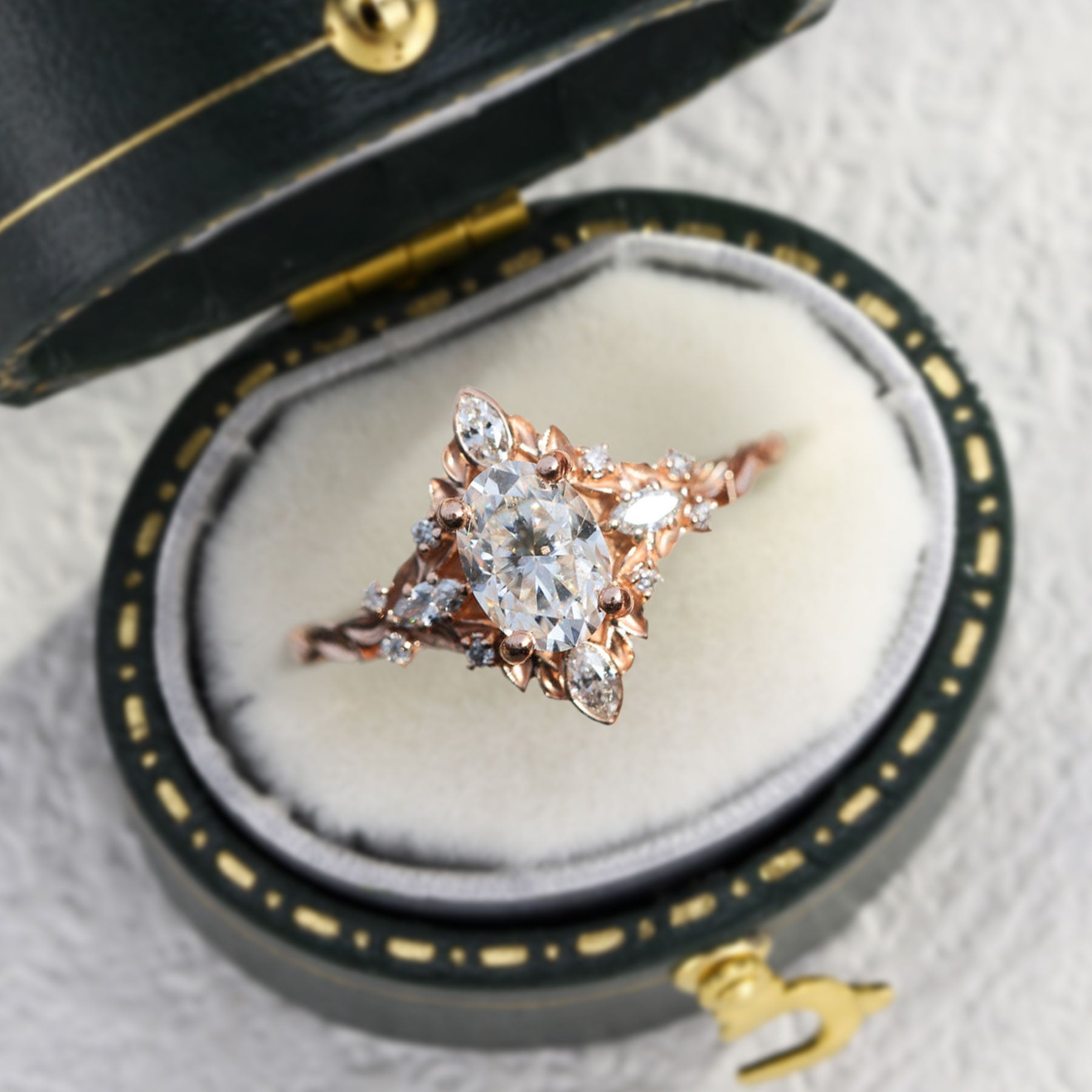 Unique Galadriel Oval Moissanite 18K Rose Gold Engagement Ring