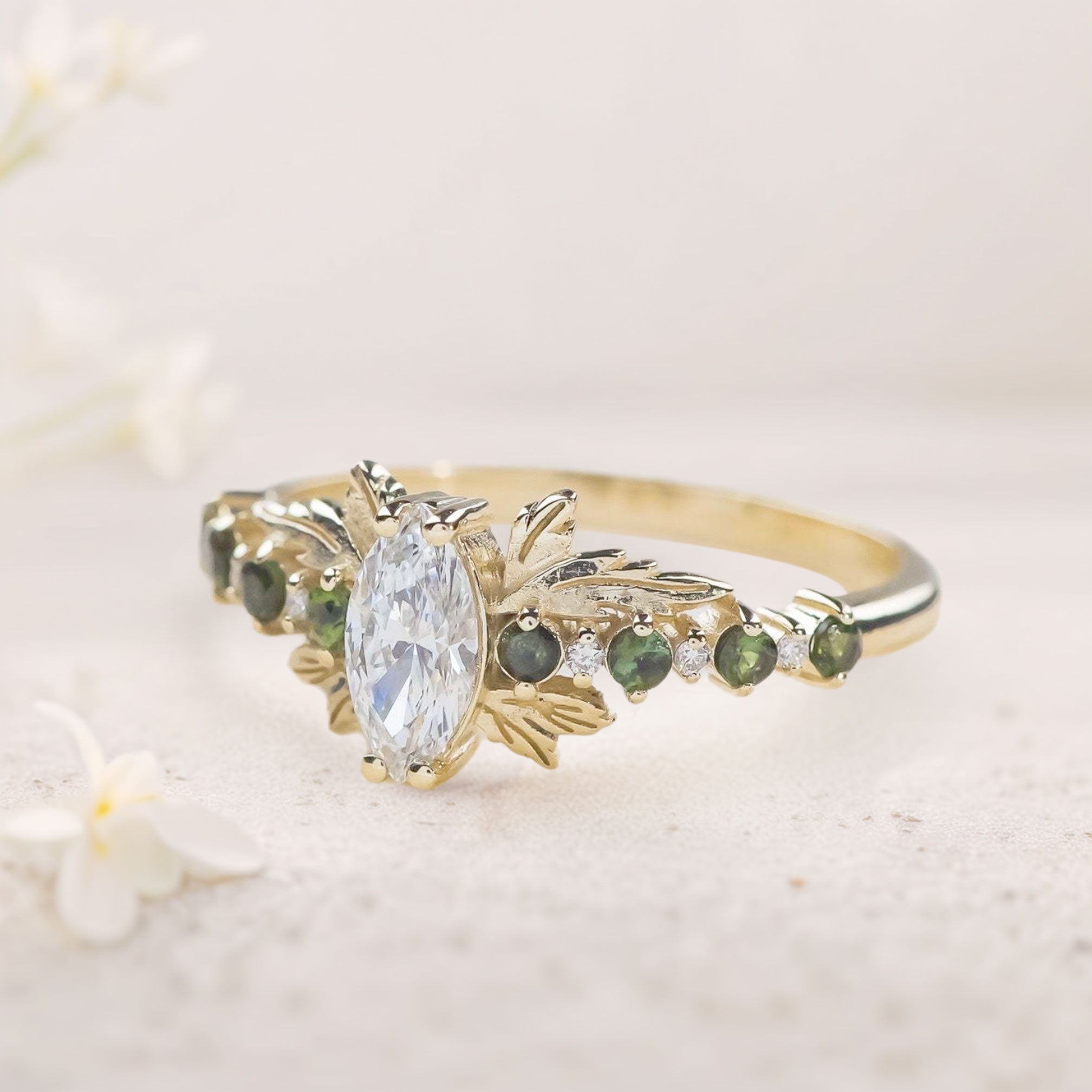 Unique floral engagement rings Marquise Moissanite and tourmalines 18K Yellow Gold engagement ring