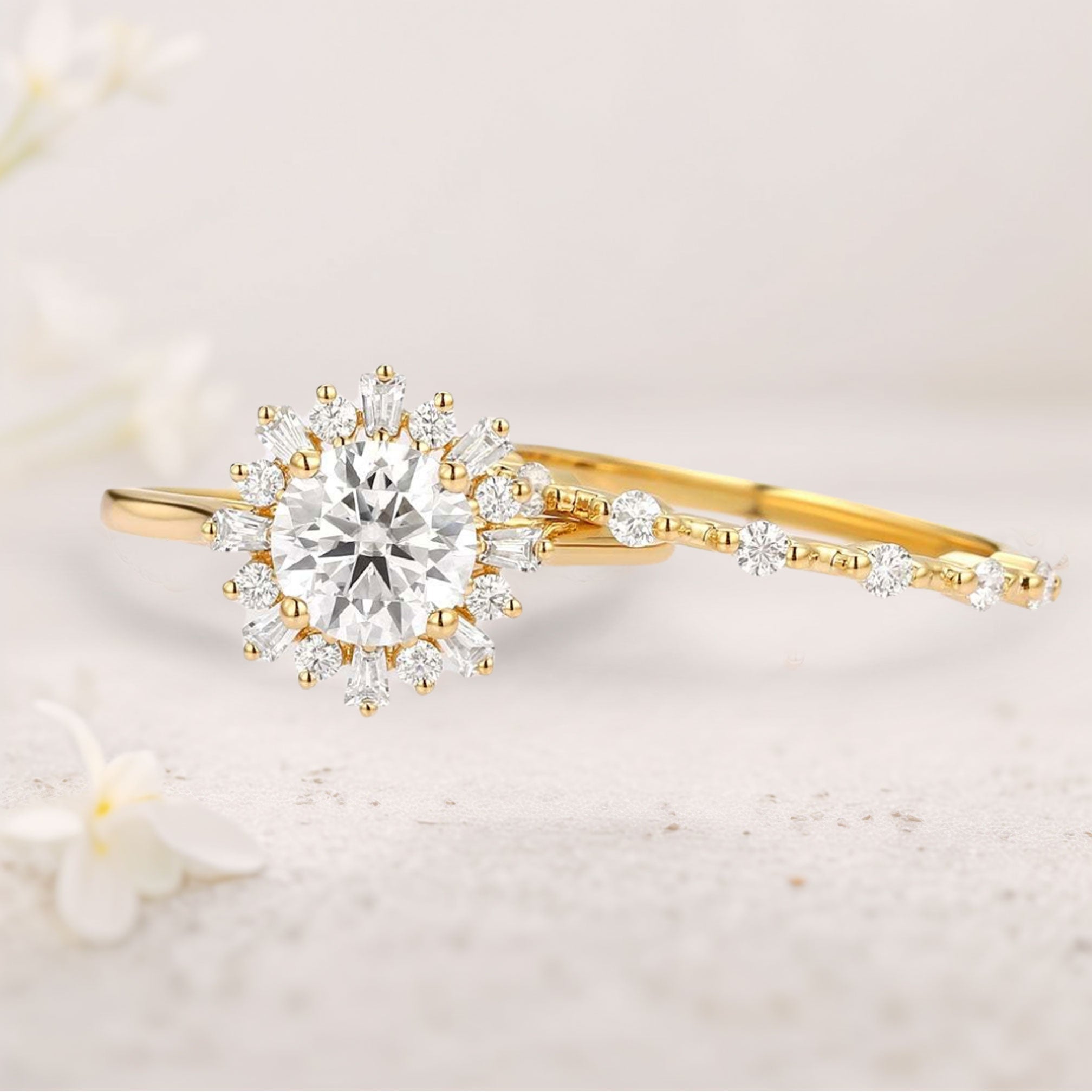 Unique floral engagement rings Round Moissanite Halo 18K Yellow Gold Floral Ring Set