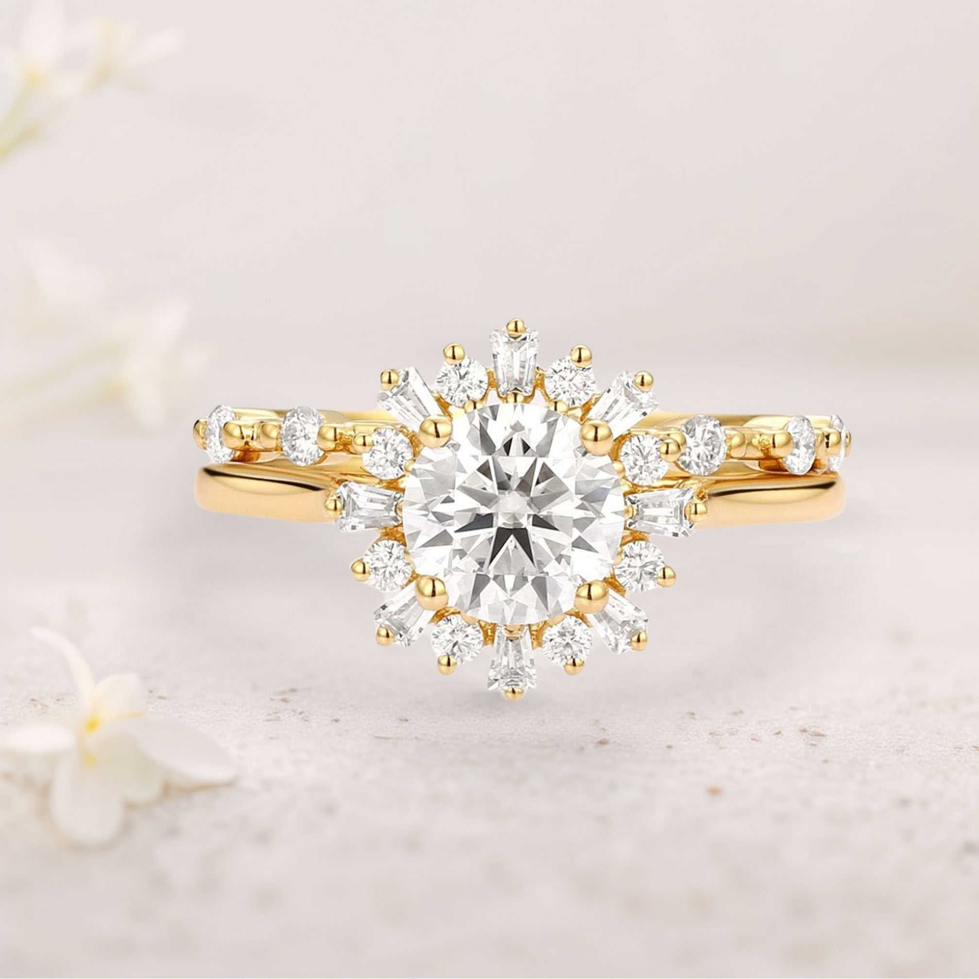 Unique floral engagement rings Round Moissanite Halo 18K Yellow Gold Floral Ring Set